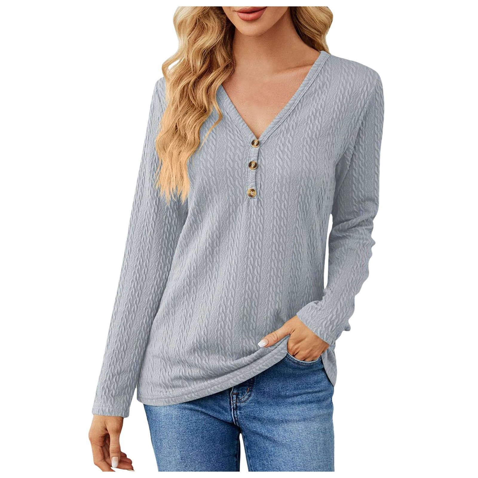 KBOPLEMQ Camiseta de manga larga para mujer, cuello de pico, informal, de un solo tejido, cálido, jersey básico, informal, corte ajustado, camiseta larga con botones, camiseta elegante y cómoda de