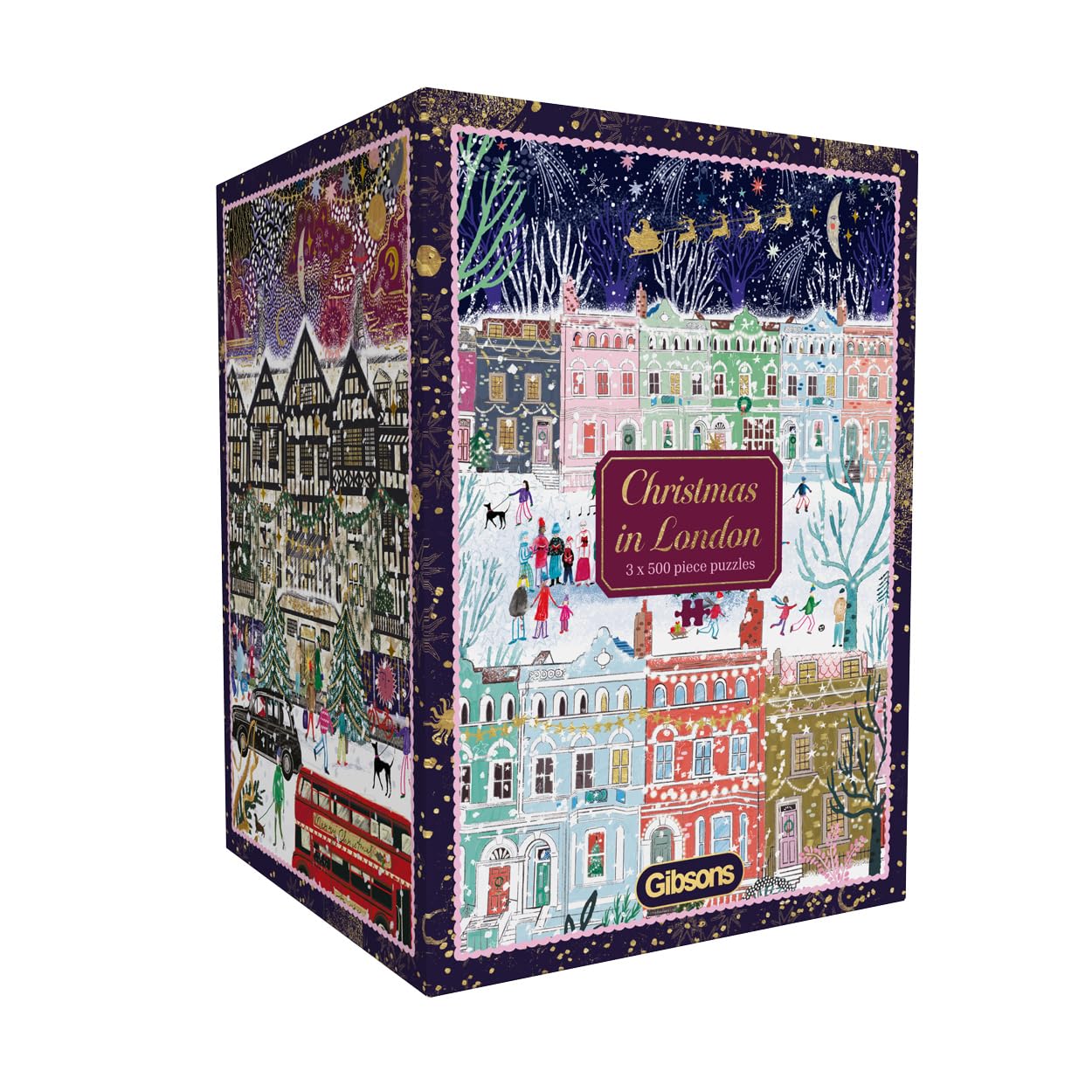 Gibsons Christmas in London 3 x 500 Piece Jigsaw Puzzles for Adults Multi-Box Set of 3 - British Festive Magic - Sustainable Premium 100% Recycled Board - Great Gift for Puzzle Fans
