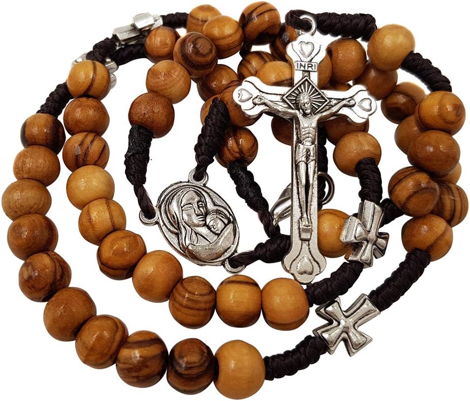 TALISMAN4U Olive Wood Catholic Rosary Prayer Beads with Jerusalem Holy Soil Centerpiece & Certificate Blue Velvet Rosary Pouch - Image 4