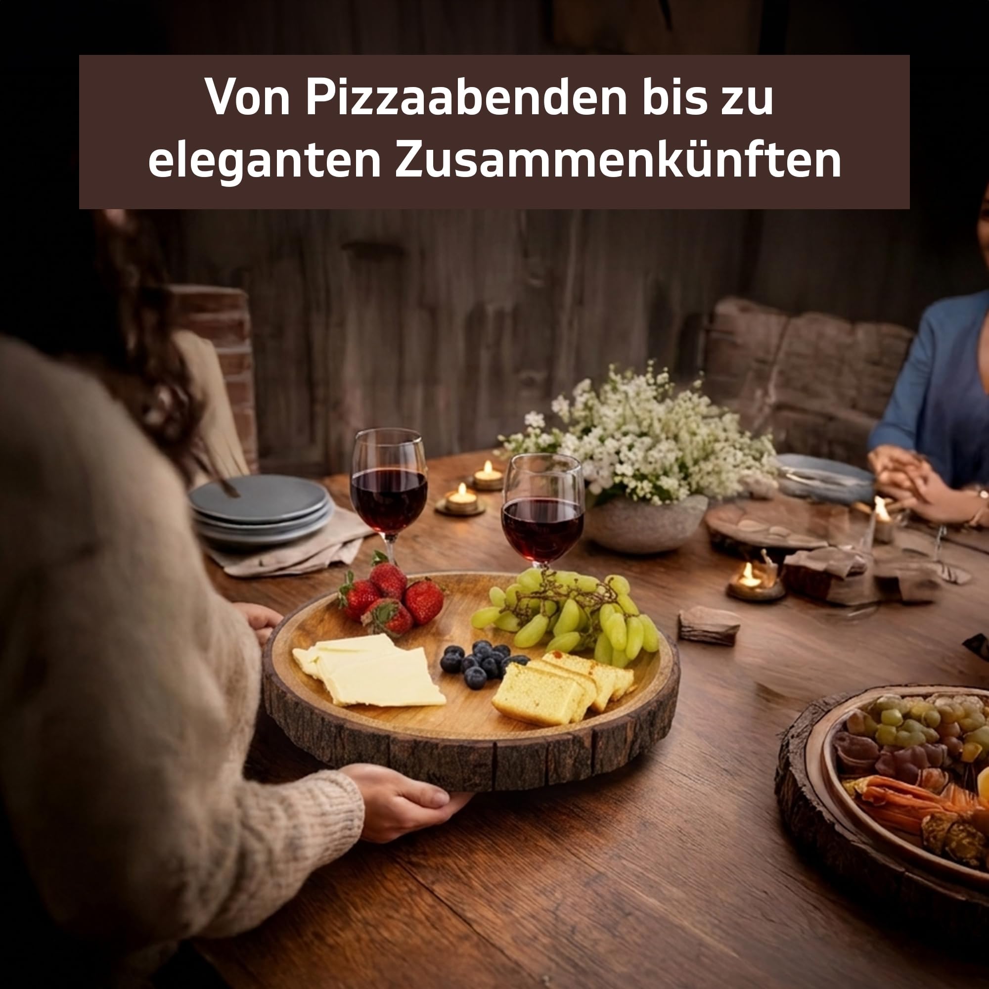 GoCraft Runde Servierplatte aus Holz mit Baumrinde an den Kanten, Mangoholz-Pizzateller, Servierbrett, Charcuterieplatte, 33 cm