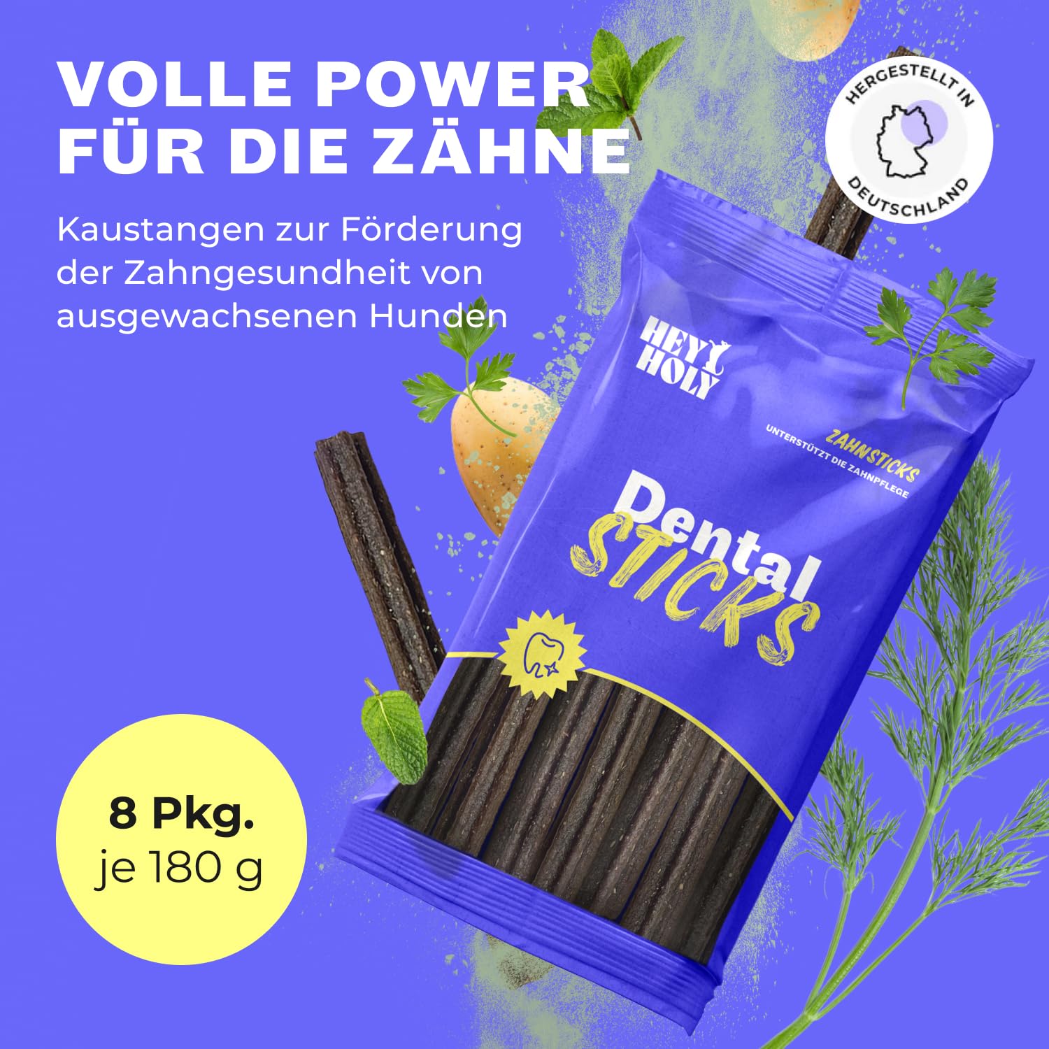 HEY HOLY Dental Sticks für Hunde | 8x180g Hundeleckerli zur täglichen Zahnpflege | Schutz für Zähne & Zahnfleisch | 100% natürliche, getreidefreie Inhaltsstoffe (56 Sticks)
