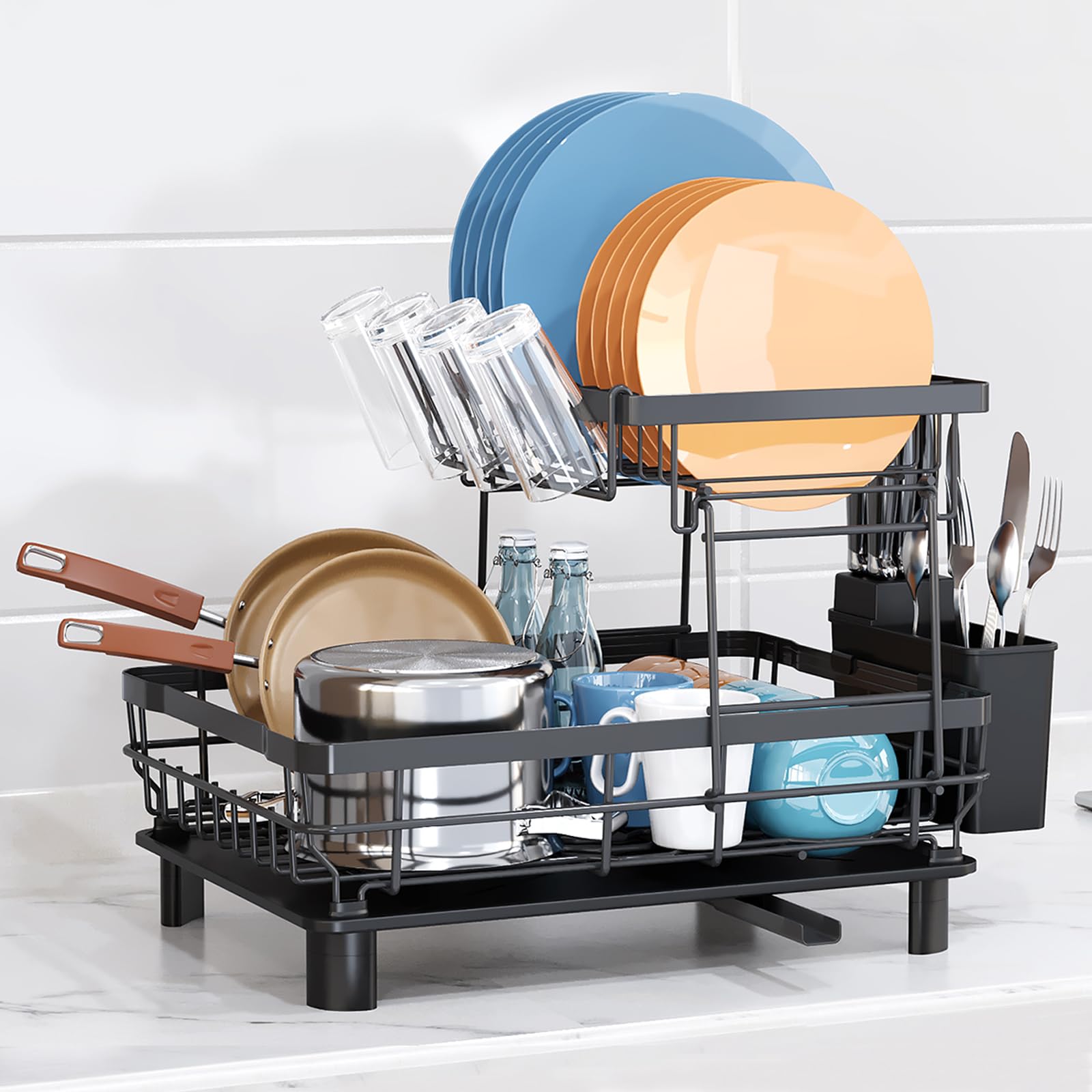 Yamazaki Home Two-Tier Adjustable Dish Drainer Rack - Compact Steel Rack With Draining Spout & Utensil Hooks, White