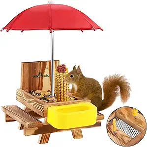 MIXXIDEA Wooden Squirrel Feeder Table with Water Bowl, Squirrel Picnic Table for Outside with Umbrella, Brown Squirrel Feeder with Corn Cob Holder Cute Chipmunk Feeder (Brown)