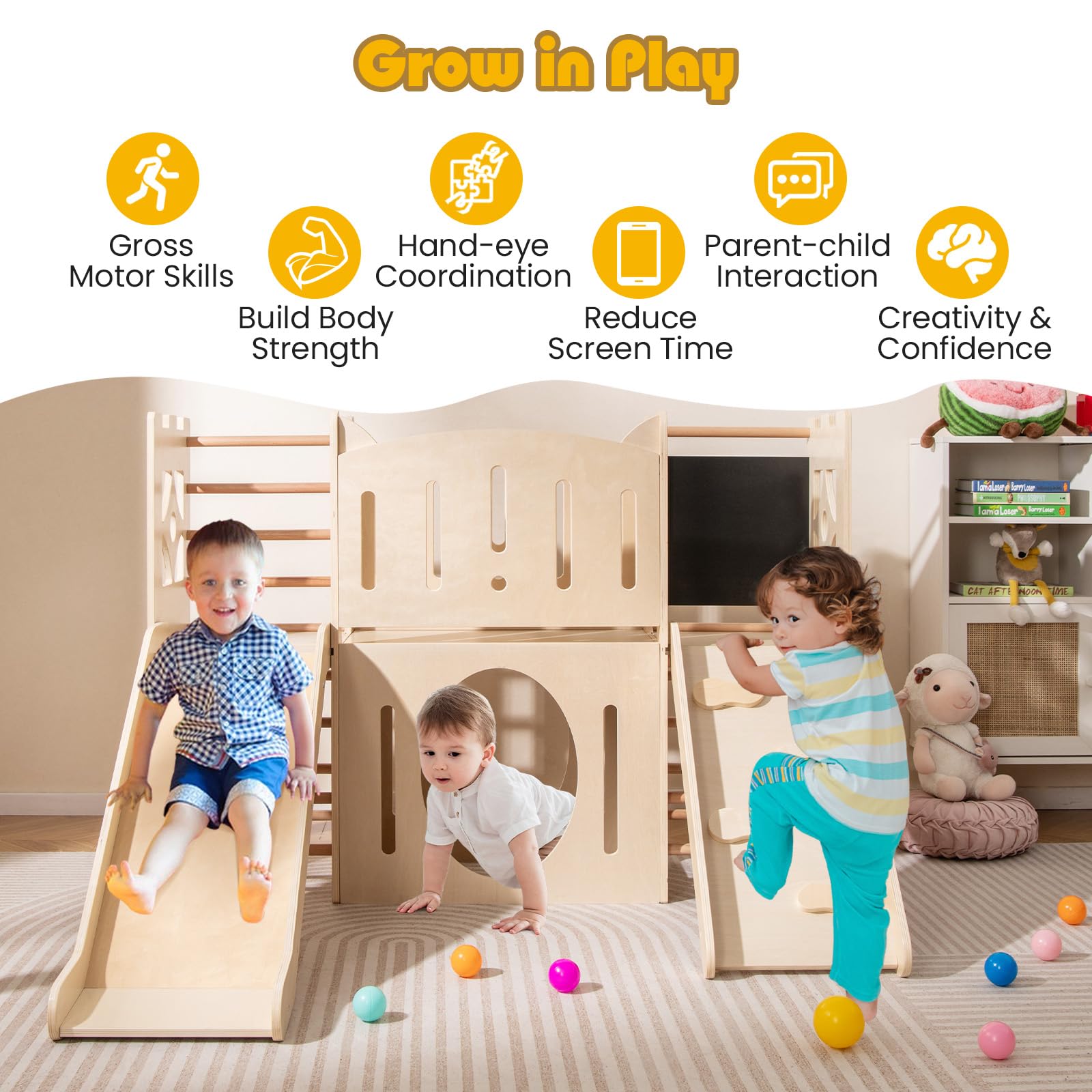 HOMASIS 8 in 1 Klettergerüst Indoor, Holz Kinderrutsche mit Tafel Kletterleiter Tunnel Stauraum, Spielplatz im Burgform, Babyrutsche Rutschenset für Kinder ab 3 Jahren,142x124,5x100cm (Naturfarbe)