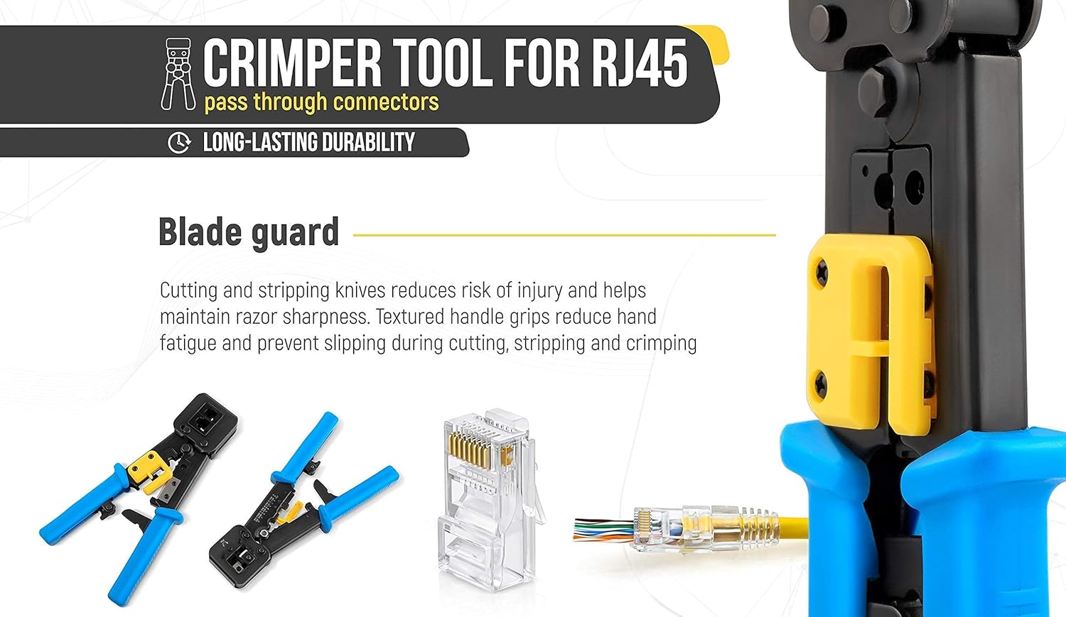 GTZ Bundle – 2 Items: RJ45 Crimp Tool + RJ45 Cat6 Pass Through Connectors and Strain Relief Boots - Pack of 100/100