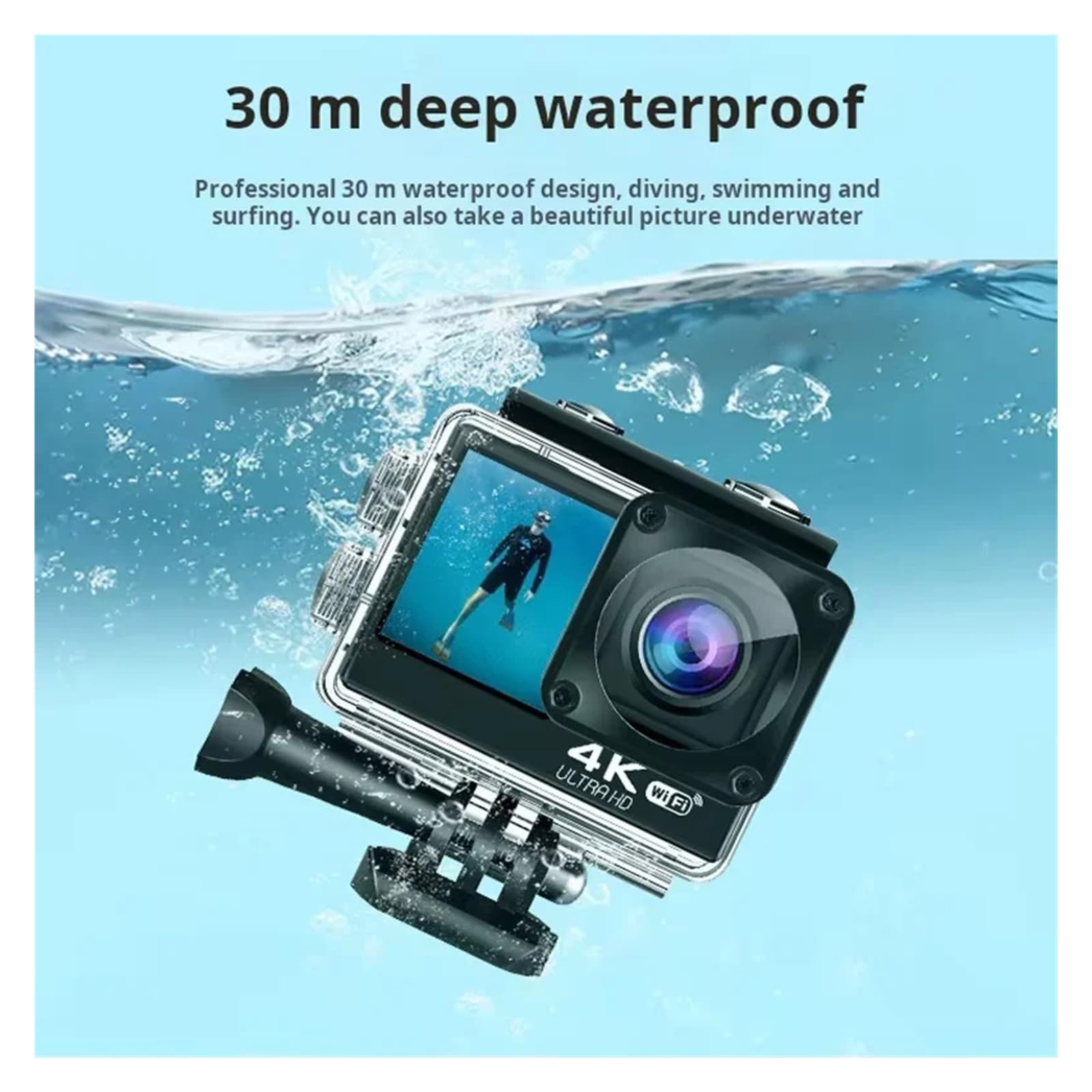 Macchina fotografica sportiva d'azione 4K UHD WiFi Obiettivo grandangolare da 120 ° 2.0 pollici IPS Display a doppio schermo Videocamera for registrazione video 30M impermeabile 1080P
