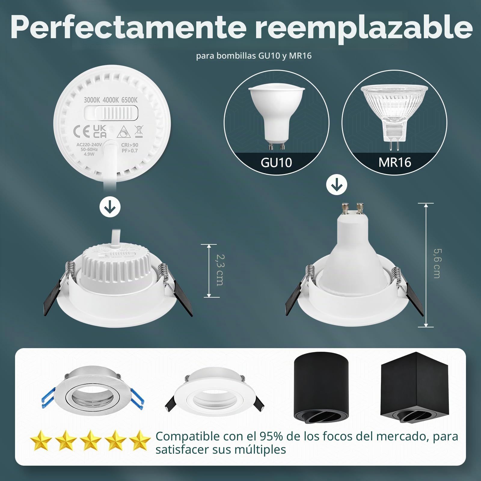 YindaLux 10x Módulo LED 230V Regulable 5W IP44 Bombillas LED para focos empotrable, reemplazo para GU10/MR16, ultra plana ø50x23mm 3000K 4000K 6500K ángulo de haz 120°