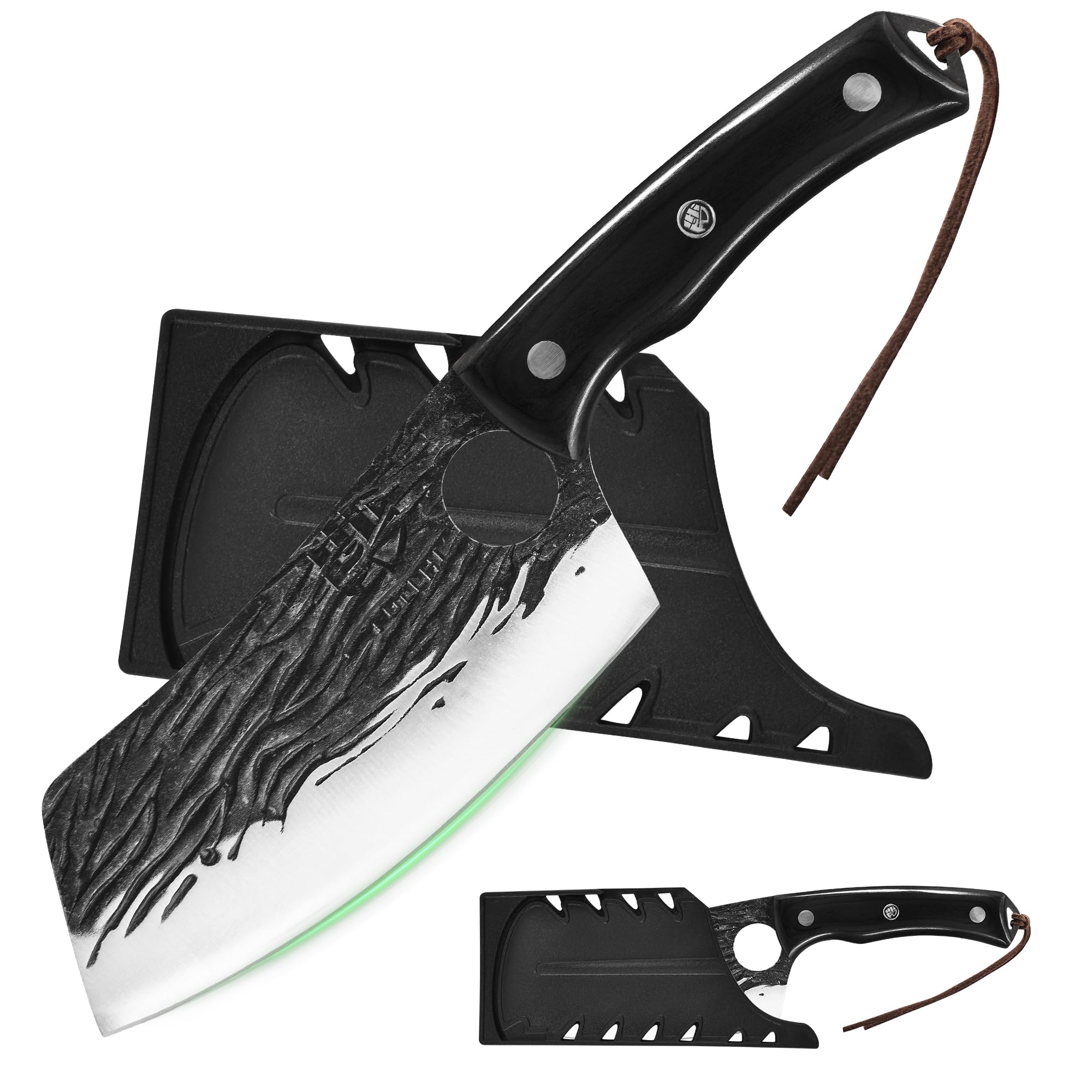FULLHI Butcher Knife with Sheath, Full Tang Chef Knife, High Carbon Steel Meat Cleaver Vegetable Forged Japanese Kitchen Knife for Outdoor, Camping