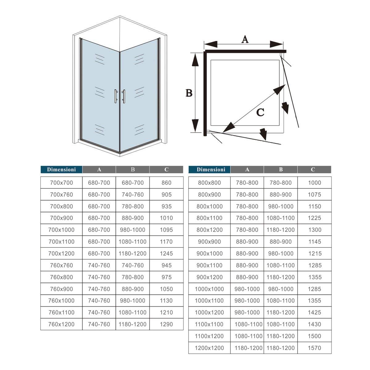 185 cm Box doccia Angolare Doppia Porta Battente Vetro Temperato 5 mm Trasparente Profilo in Alluminio Processo di Elettroforesi 90x70 cm