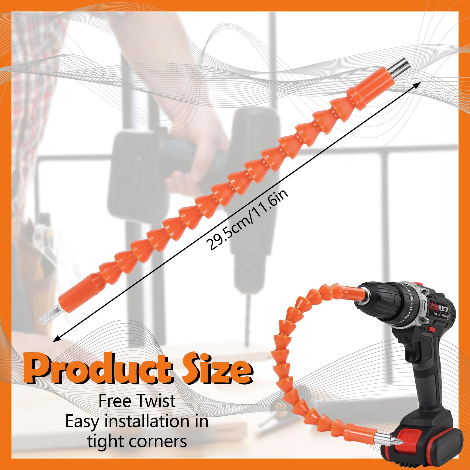 Roucerlin 1 Pack Flexible Bendable Drill Bit Extension, 11.6 Inch Superbit Screwdriver Flexible, Magnetic Drill Extension Bit Holder Flex Shaft Tool for Computer Chassis at Various Angle (Orange) - Image 2