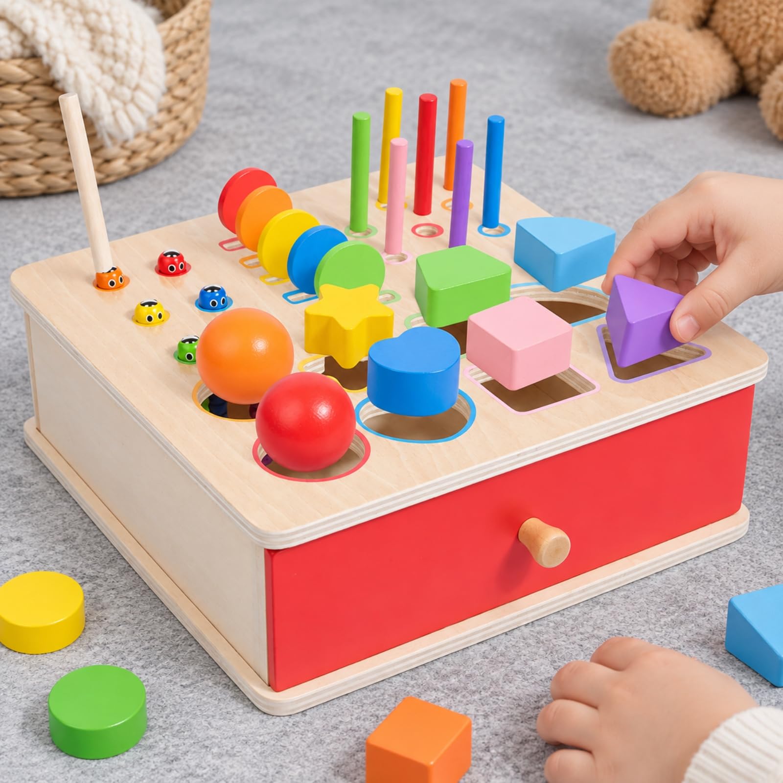 Scatola di attività in Legno con Cassetto Metodo Educativo Gioco di Inserimento Forme e Pioli con Parti Arrotondate Giocattolo Educativo per Casa