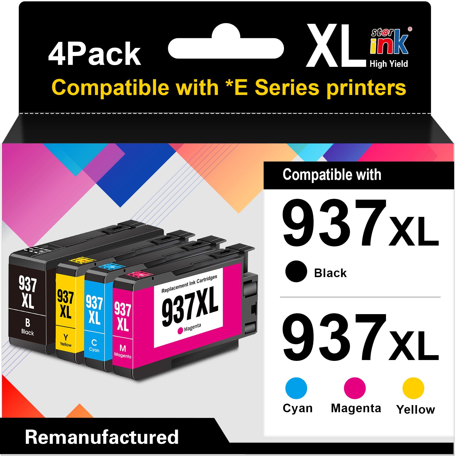 Starink 937XL - Cartuchos de Tinta Compatibles con HP 937 XL 937XL para HP OfficeJet Pro 9120e 9730e 9132e 9125e 9122e 9120b 9110b 9130b 9117b 9720 9730 Negro, Cian, Magenta y Amarillo, 4 Unidades