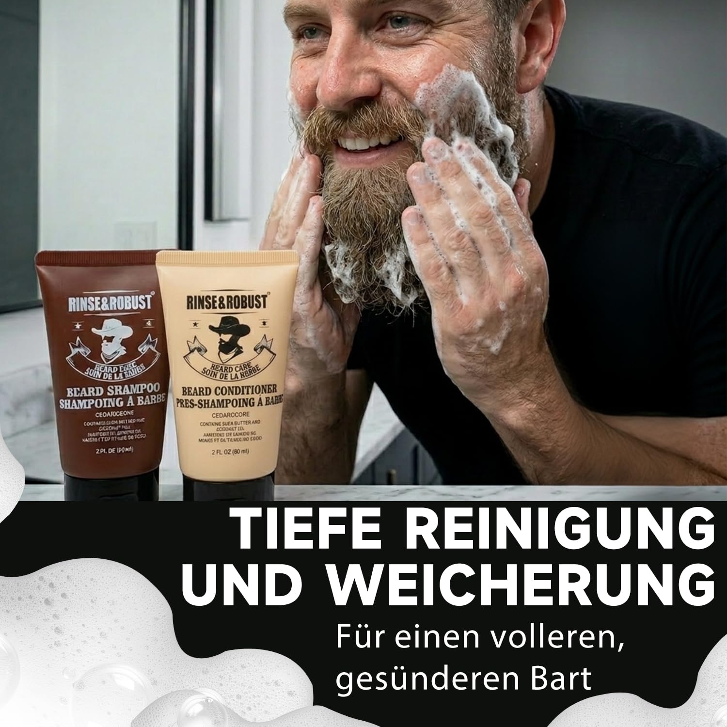 Rinse&Robust 8-częściowy zestaw do pielęgnacji brody z torbą podróżną, zapachem eukaliptusa, szczotką, grzebieniem, nożyczkami do brody, szamponem do brody