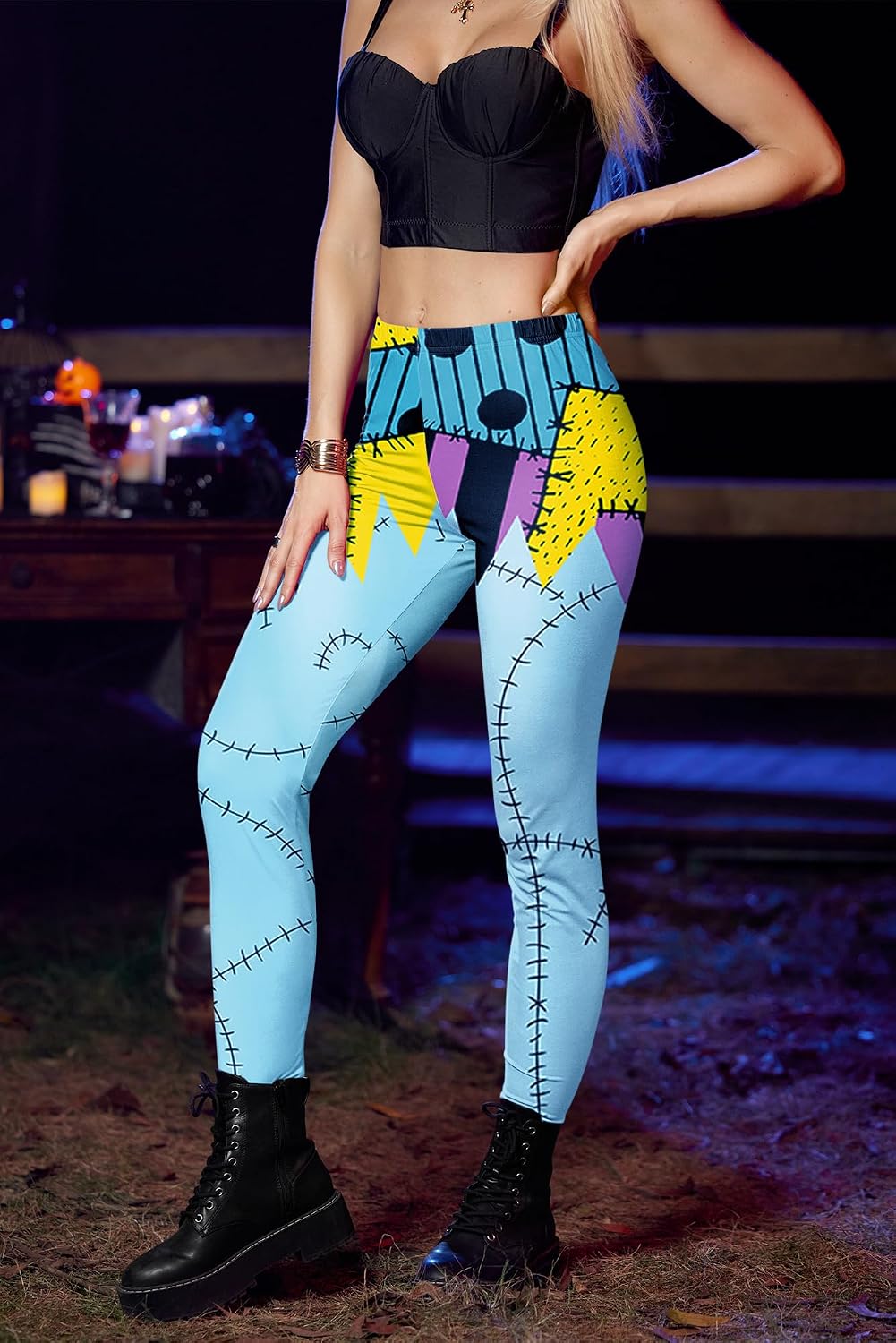 Women Halloween Party Pumpkin Skinny Leggings Funny Scary Elastic Band Tight Pants Blue Halloween Costume L
