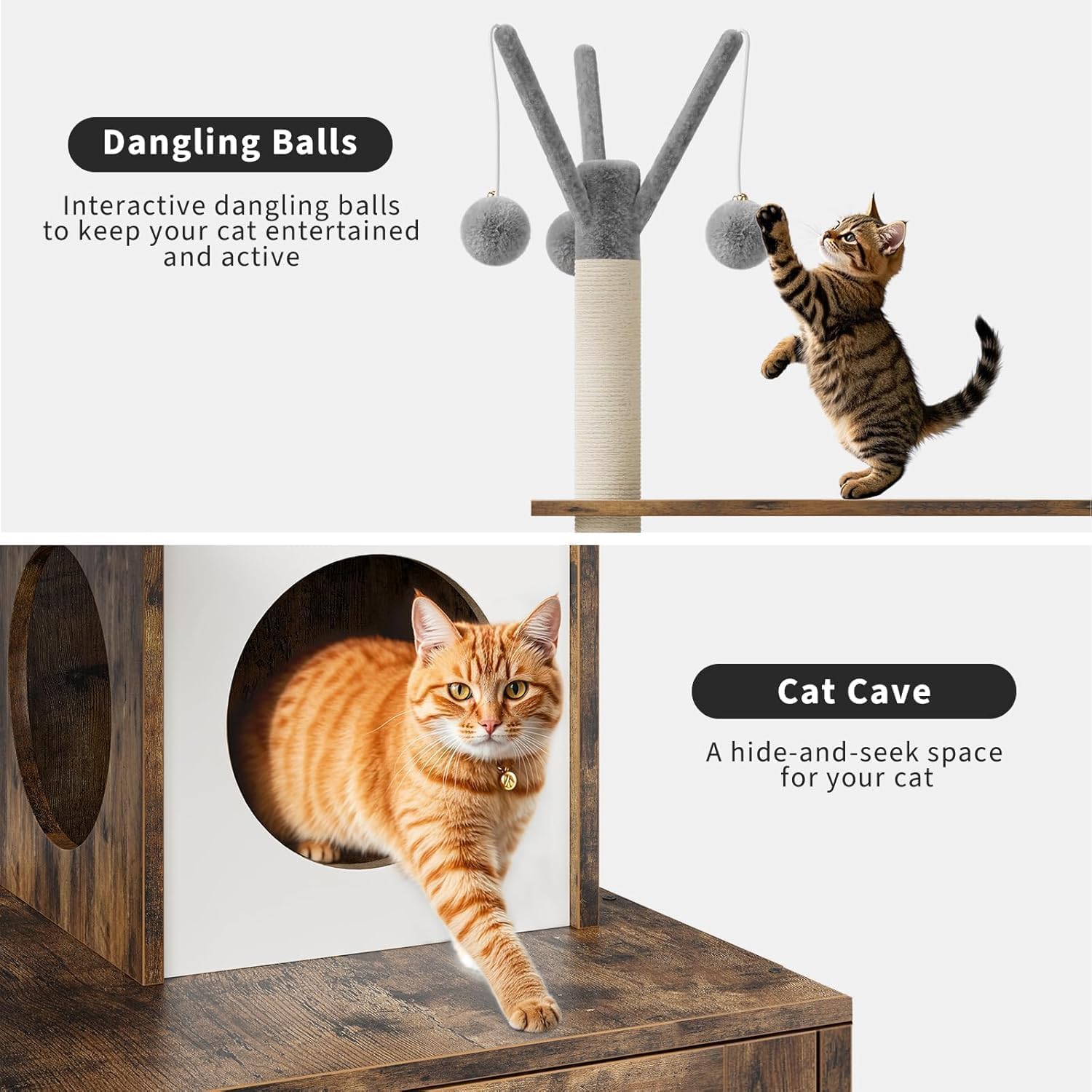 Katzenbaum Mit Katzenklo Schrank, 146 cm Hoch, Katzenhaus Aus Holz Mit Kratzbaum, HäNgeball, KatzenrüCken Und Oberer Sitzstange, All-In-One (Eichenbraun)