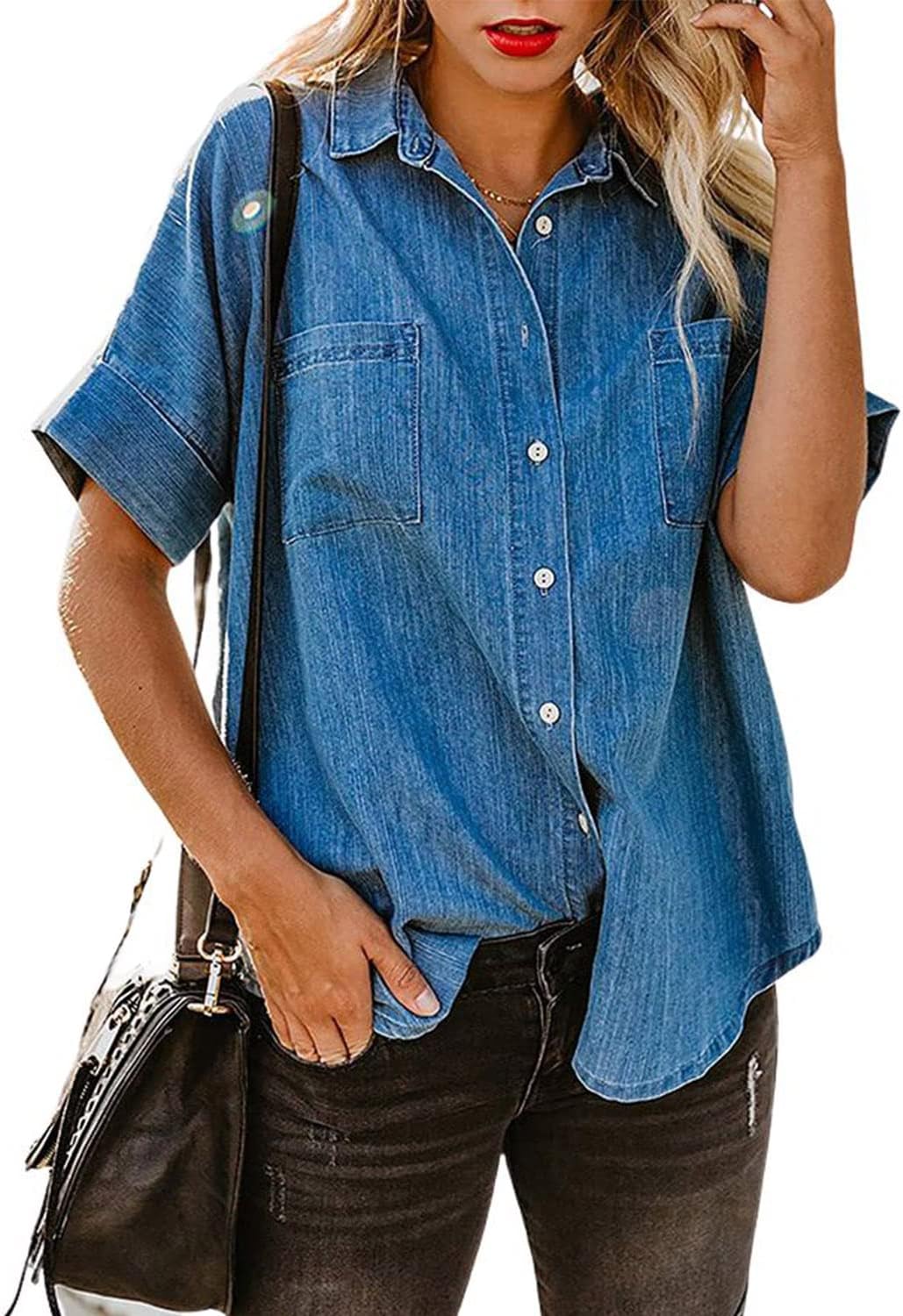 utcoco Women's Button Down Denim Shirt Casual Loose Short Sleeve Jean Shirts Tops with Pockets