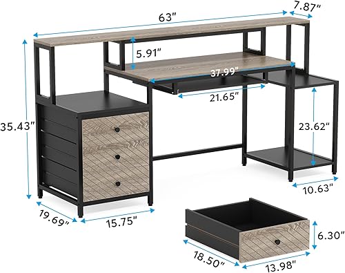 Miniatura 2 de Tribesigns Escritorio para computadora con 3 cajones, escritorio de oficina en casa de 63 pulgadas con estante para monitor, escritorio industrial