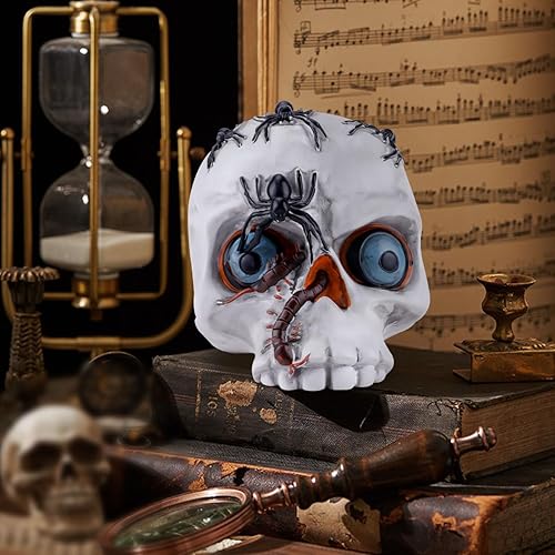 Miniatura 2 de Figura decorativa de calavera humana con esculturas aterradoras de araña, cabeza de calavera de resina, figuras coleccionables para decoración del
