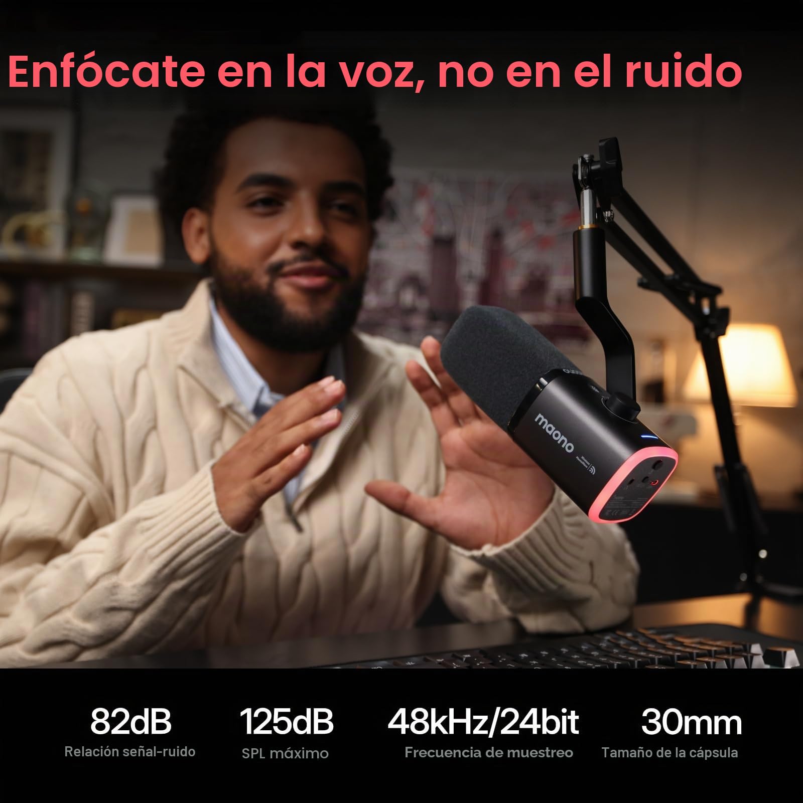 MAONO PD100W Micrófono dinámico USB inalámbrico, micrófono para PC para juegos con reducción de ruido con un solo clic, botón de silencio, RGB personalizado, conector de auriculares de 3.5 mm