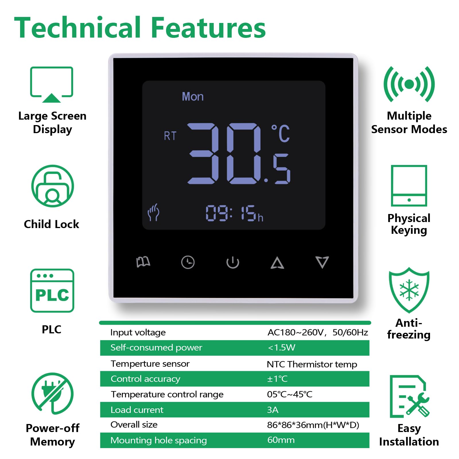 Wengart Digital Thermostat WG8818,AC230V 3A LCD Digital Display with Programming Function,Used to Adjust and Control the Temperature of Water Floor Heating System - Image 2