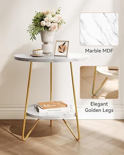 Miniatura 7 de LITTLE TREE Mesa auxiliar redonda de mármol sintético de 2 niveles con estantes, mesa de centro pequeña para sala de estar, color blanco y dorado