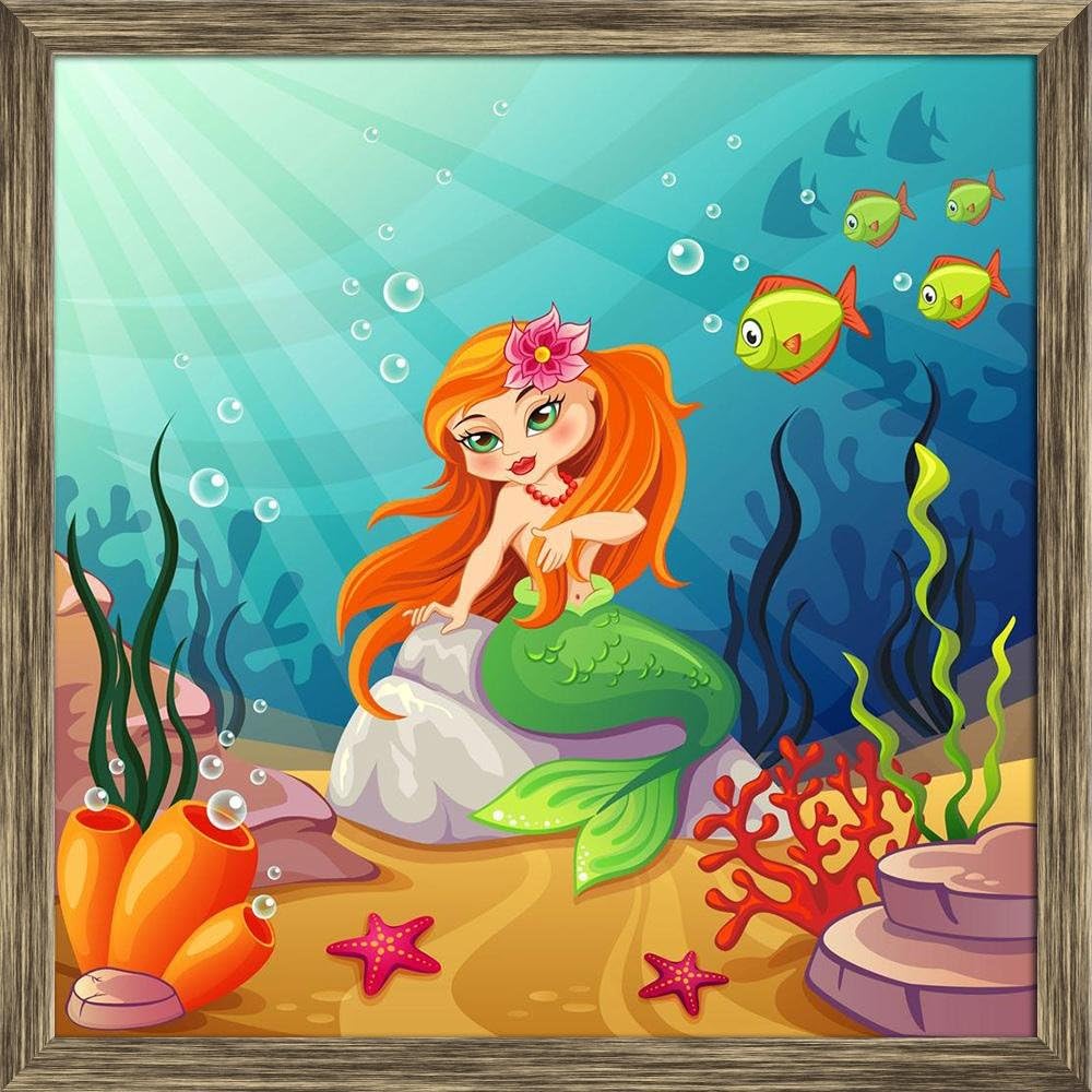 Pitaara Box Underwater Mermaid World | Canvas Painting for Bedroom & Living Room | Antique Golden Frame | 16 x 16 inch (41 x 41 cms)