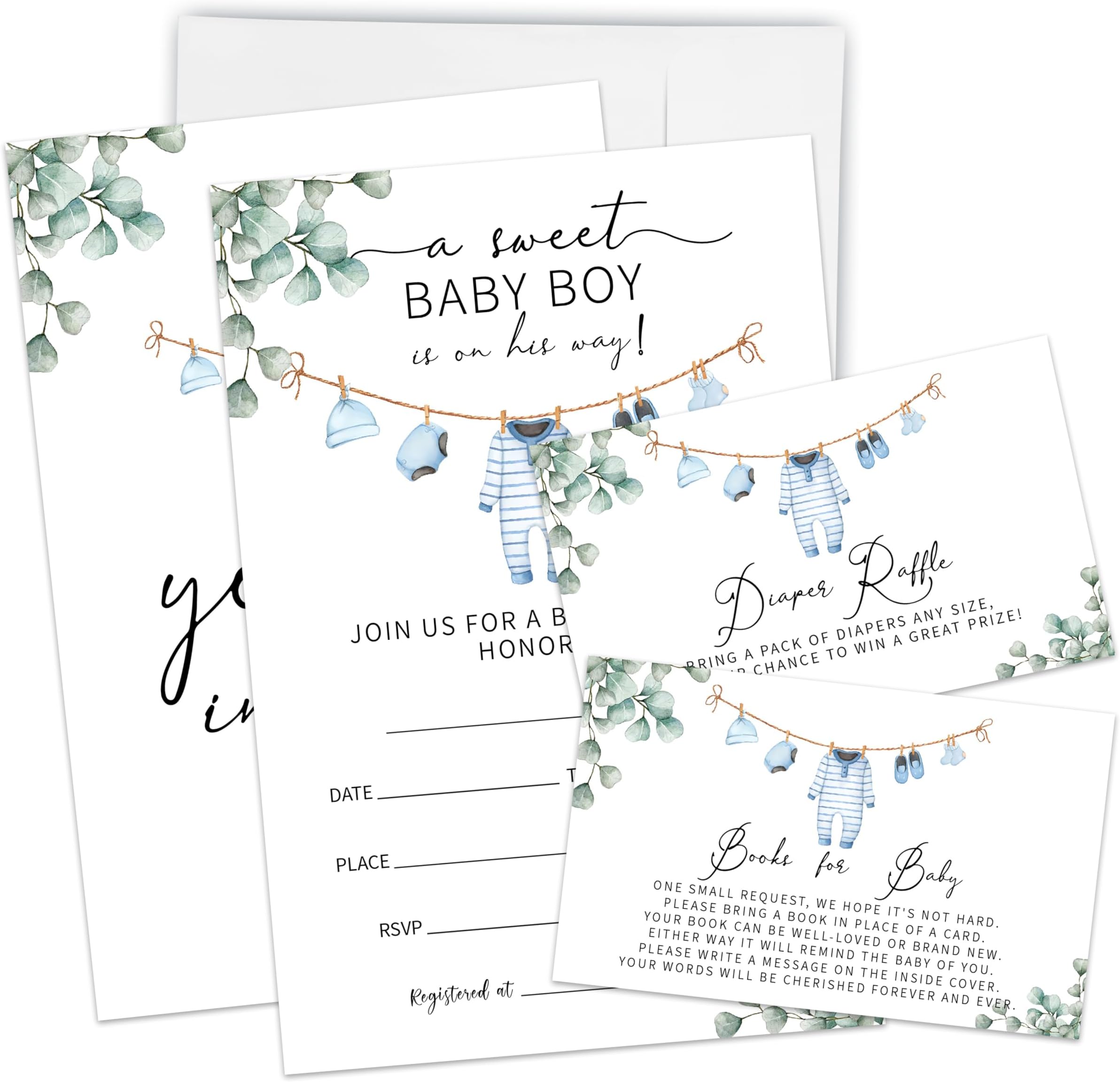 Set Of 25 A Sweet Boy Is On The Way Baby Shower Invitation For Boy - Baby Announcement, Gender Reveal Party Fill-in Invites With Diaper Raffle Card Book Request - Party Decor & Supplies - A02