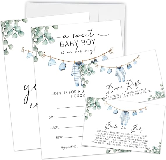 Set Of 25 A Sweet Boy Is On The Way Baby Shower Invitation - Blue Teddy Bear Baby Announcement, Gender Reveal Party Fill-in Invites With Diaper Raffle Card Book Request - Party Decor & Supplies - A02