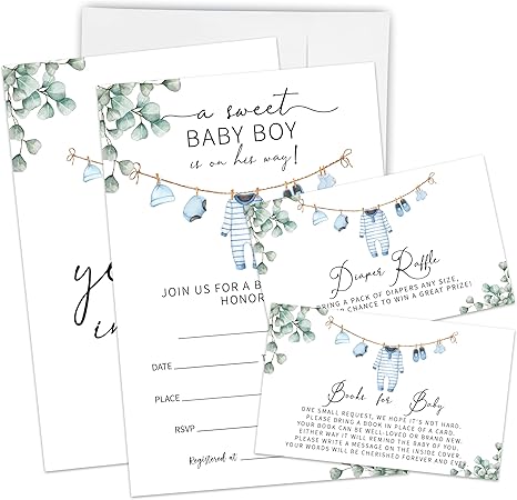 Set Of 25 A Sweet Boy Is On The Way Baby Shower Invitation - Blue Teddy Bear Baby Announcement, Gender Reveal Party Fill-in Invites With Diaper Raffle Card Book Request - Party Decor & Supplies - A02