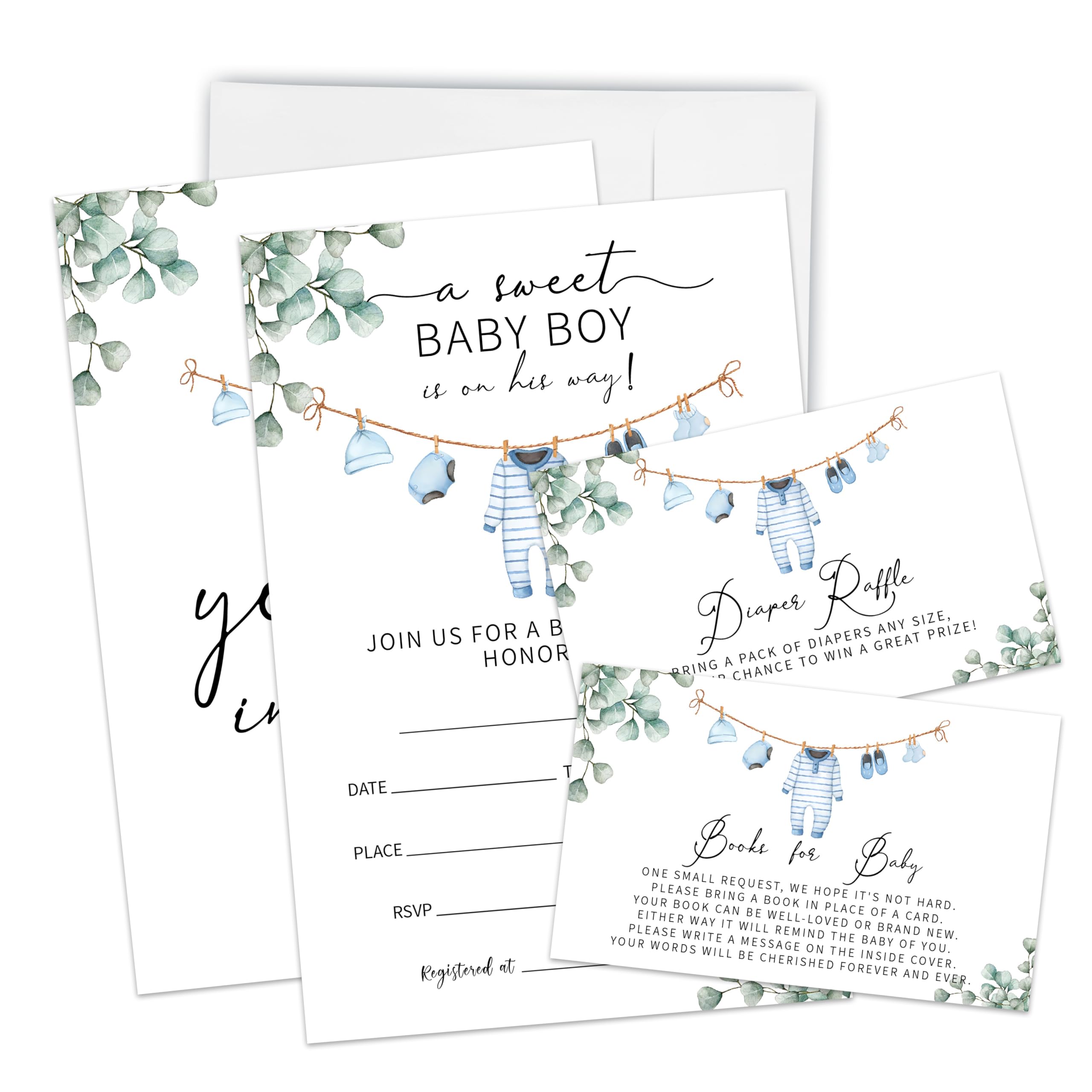 Set Of 25 A Sweet Boy Is On The Way Baby Shower Invitation - Blue Teddy Bear Baby Announcement, Gender Reveal Party Fill-in Invites With Diaper Raffle Card Book Request - Party Decor & Supplies - A02