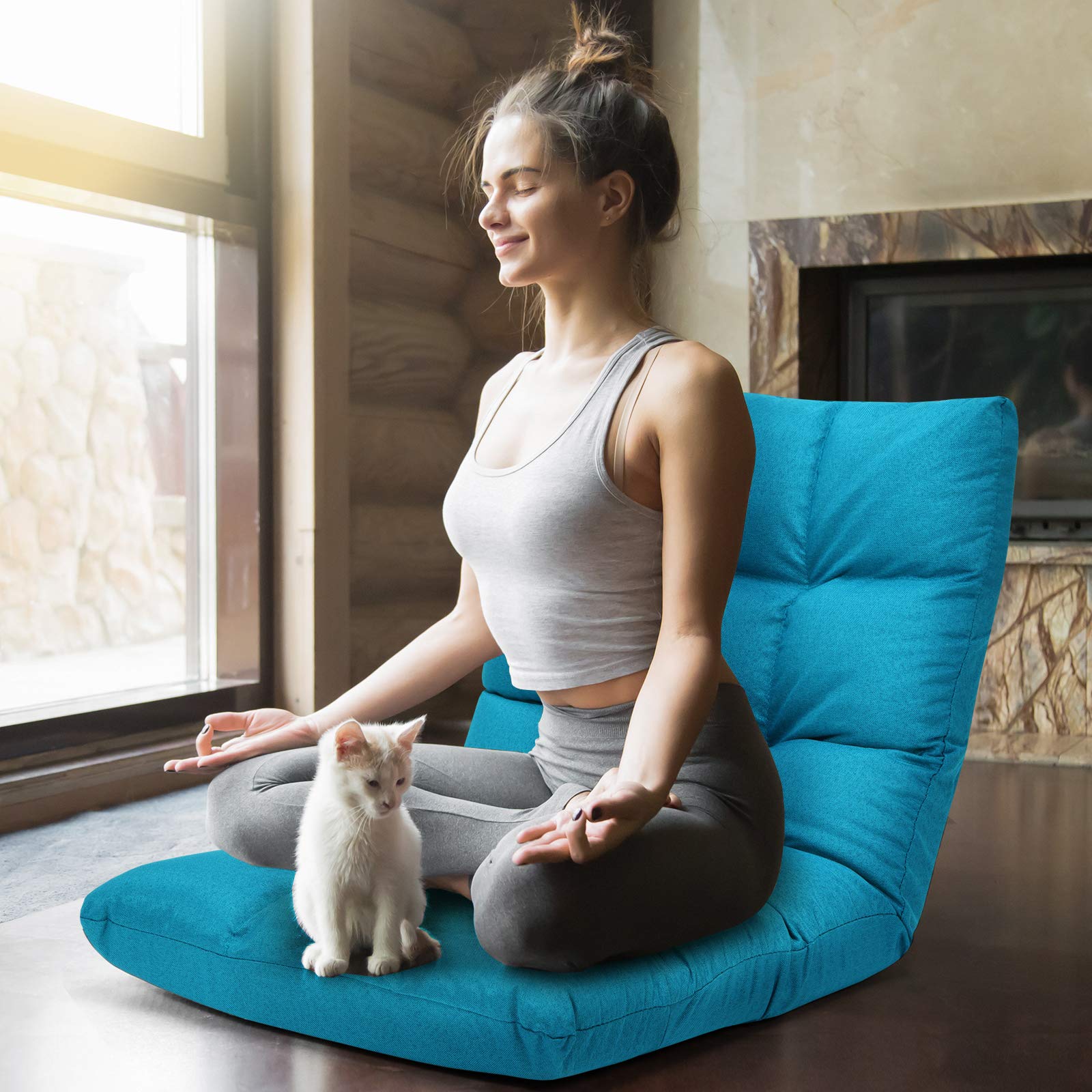 COSTWAY Chaise de Sol pour Méditation - 14 Positions Réglable Cadre en Acier Robuste Tissu en Coton et Lin Respirant,Housse Amovible et Lavable Idéal pour Salon et Salle d'étude (Bleu Poan)
