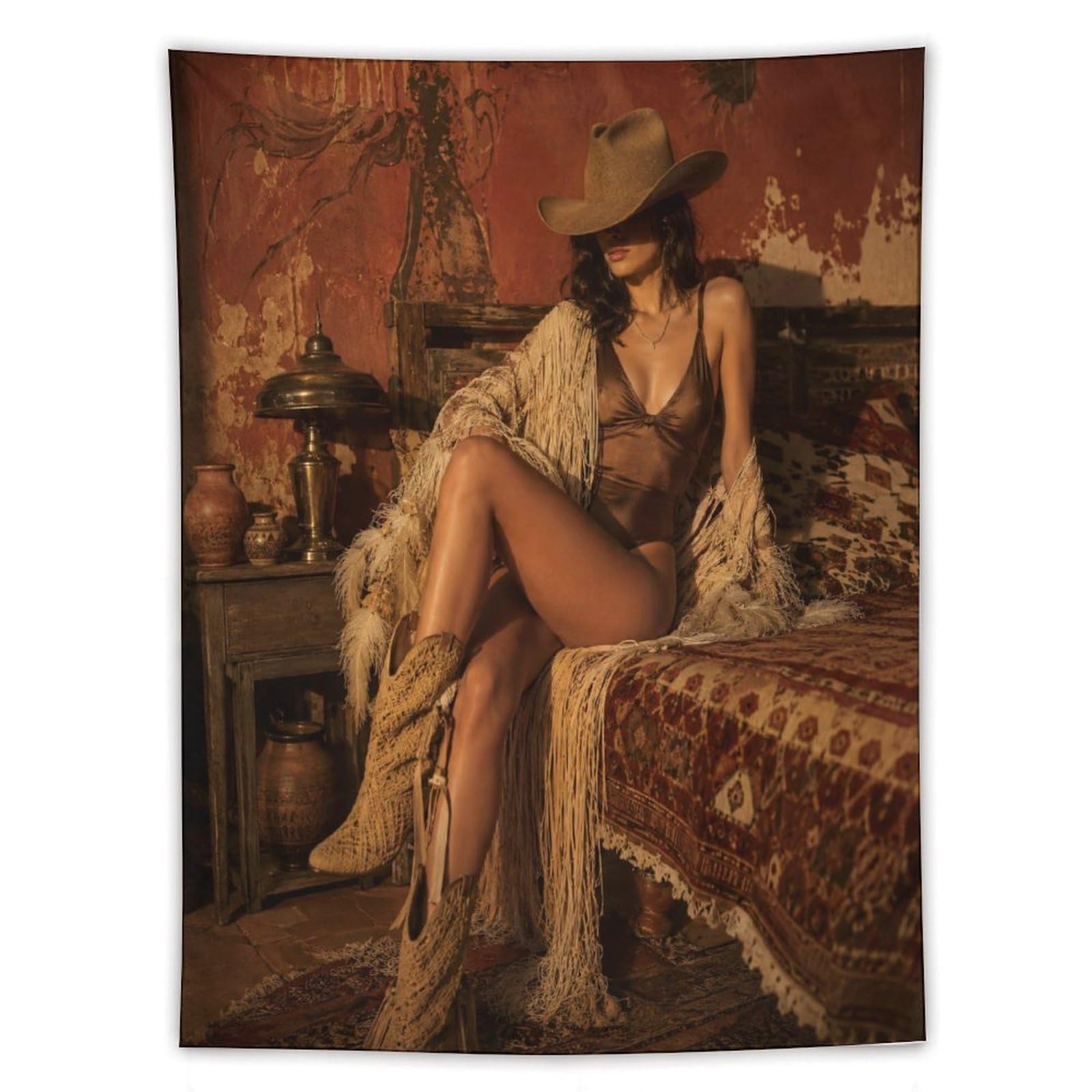 W7C8U2X3 Western Cowgirl Portrait Wall Tapestry, Oil Painting