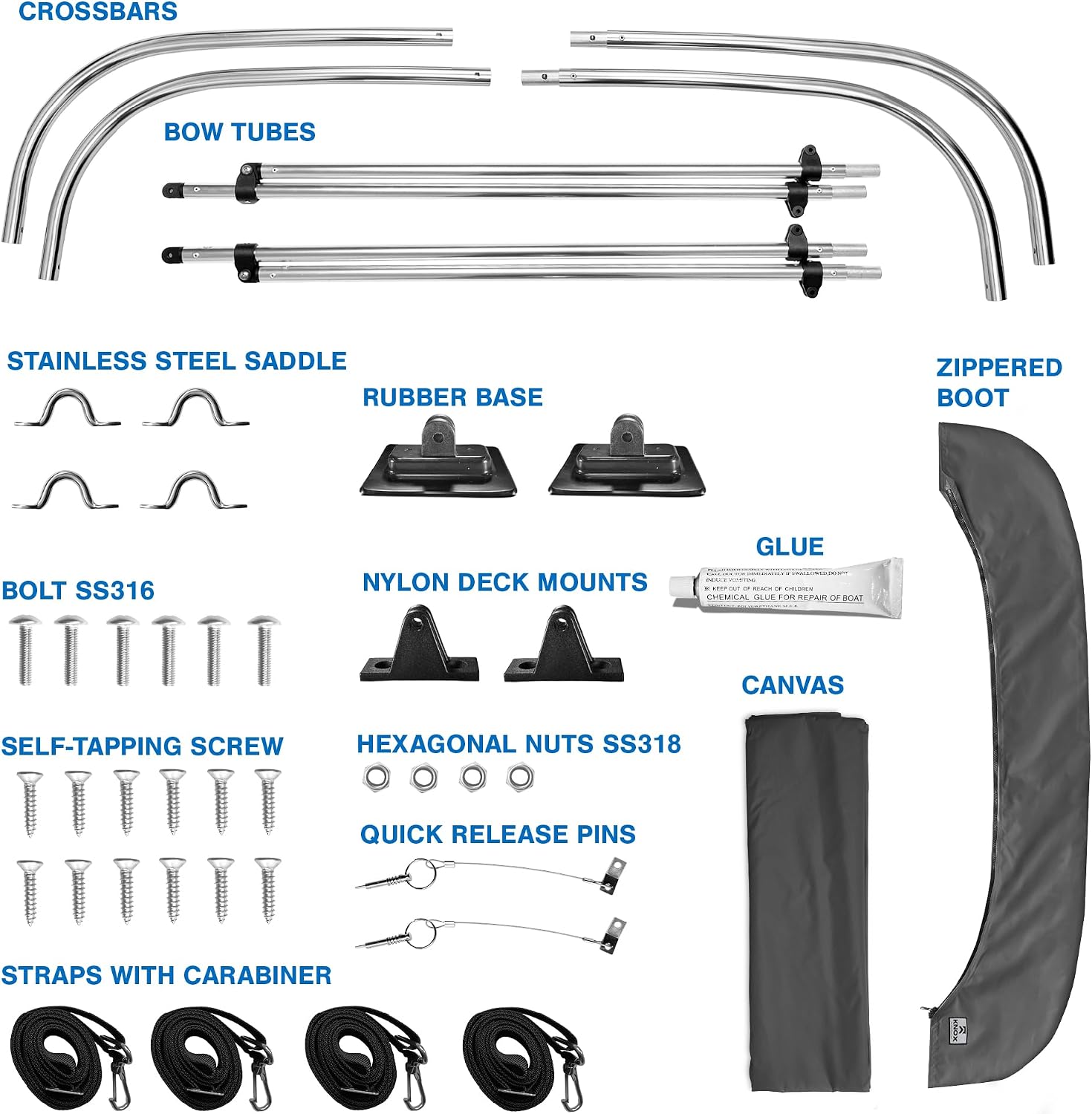 KNOX 2 Bow Bimini Tops for Boats, Boat Canopy Kit, 900D Canvas, Stainless Steel Bimini Top Hardware, Storage Boot, Fits Most Small & Inflatable Boats, 63" L x 43" H x 39"-55" W (Charcoal Gray)