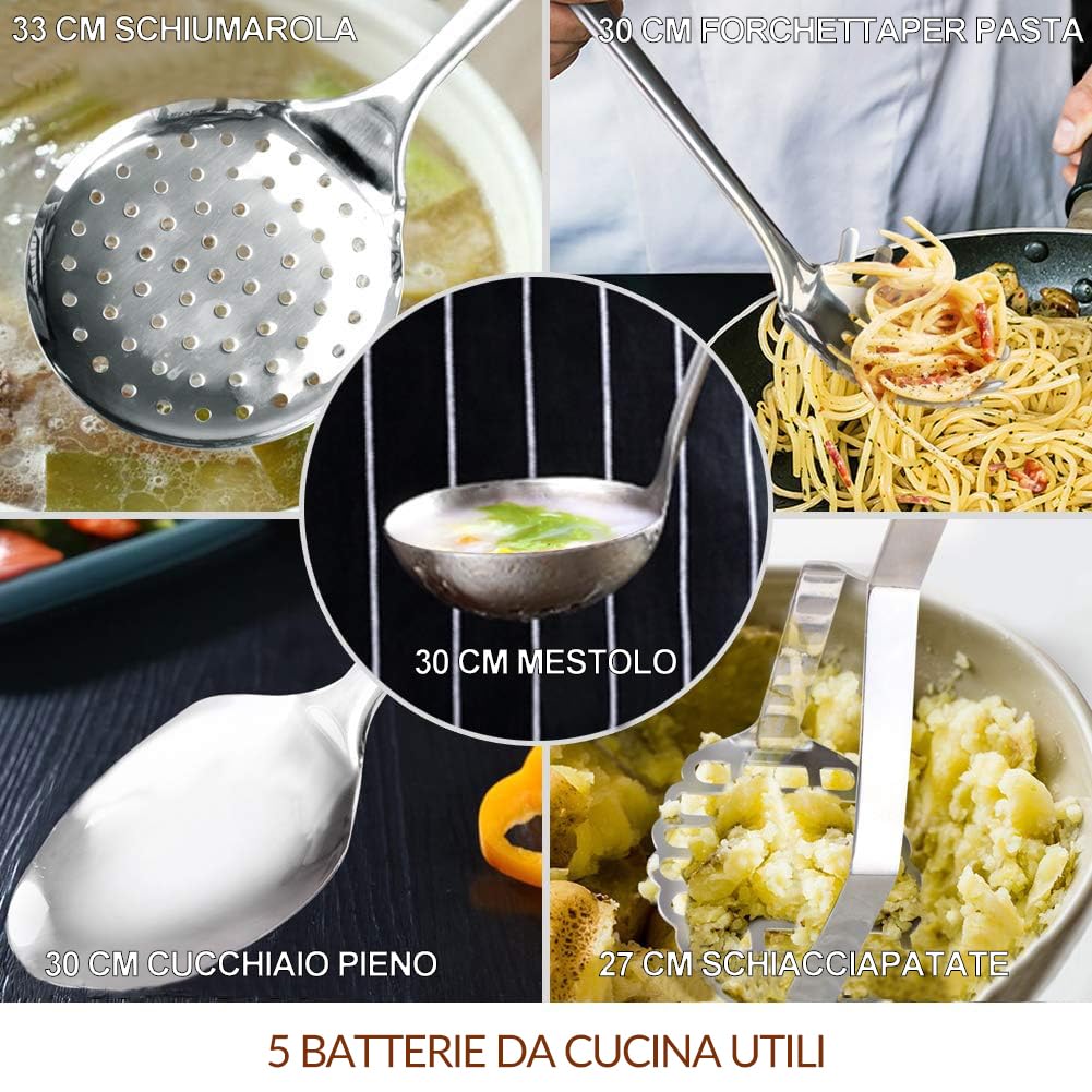 HOMICHEF Set di pentole e padelle in acciaio inox senza nichel, 14 pezzi, atossiche e salutari a induzione