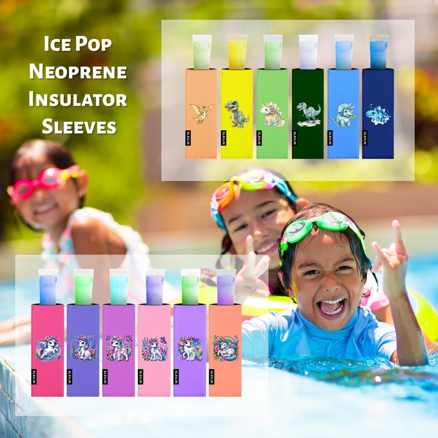 Popsicle Sleeves 6 Pack, Neoprene Ice Pop Holders with Unicorn & Dinosaur Designs, No Drip Freezer Pop Sleeves, Keeps Hands Warm & Dry, Reusable Washable Ice Popsicle Covers for Kids Summer Party