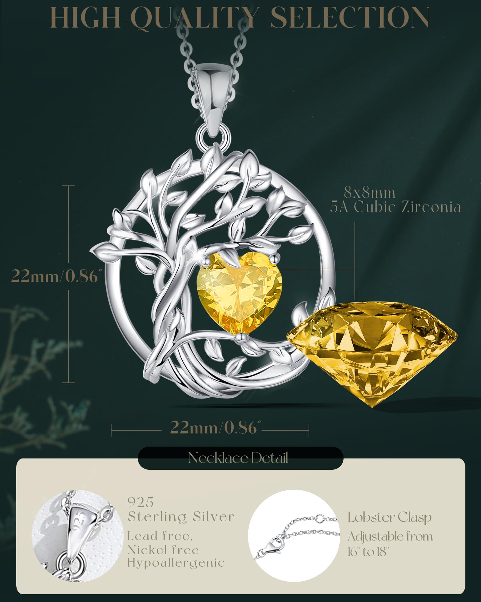 FANCIME Collana da donna con albero della vita, pietra portafortuna di novembre, in argento Sterling, con ciondolo in citrino naturale, topazio giallo, regalo per anniversario, compleanno, Natale, per