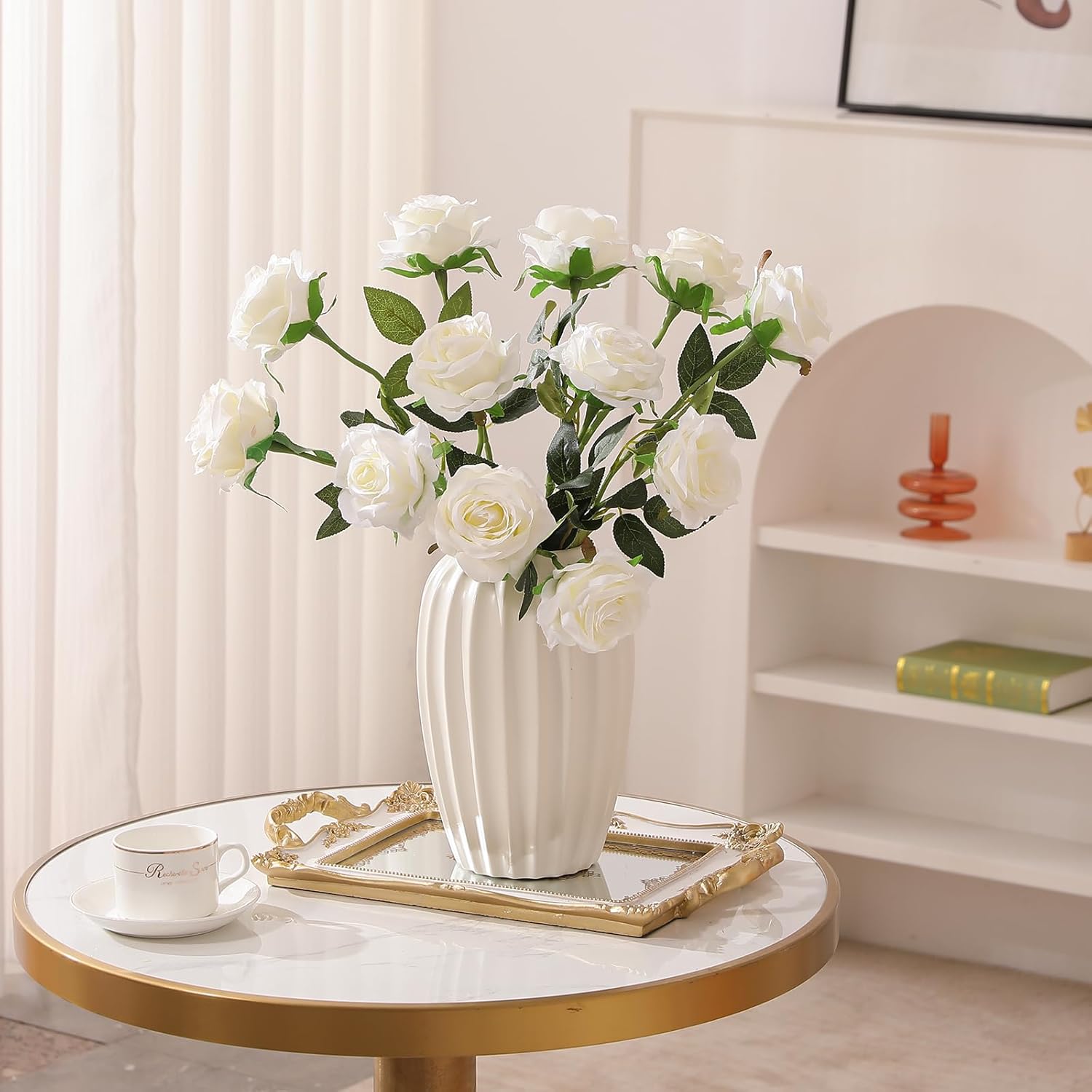 Nubry Artificial Silk Rose Flower Bouquet Lifelike White Fake Rose for Wedding Home Party Decoration Event Gift 10pcs (Off White) - Image 4