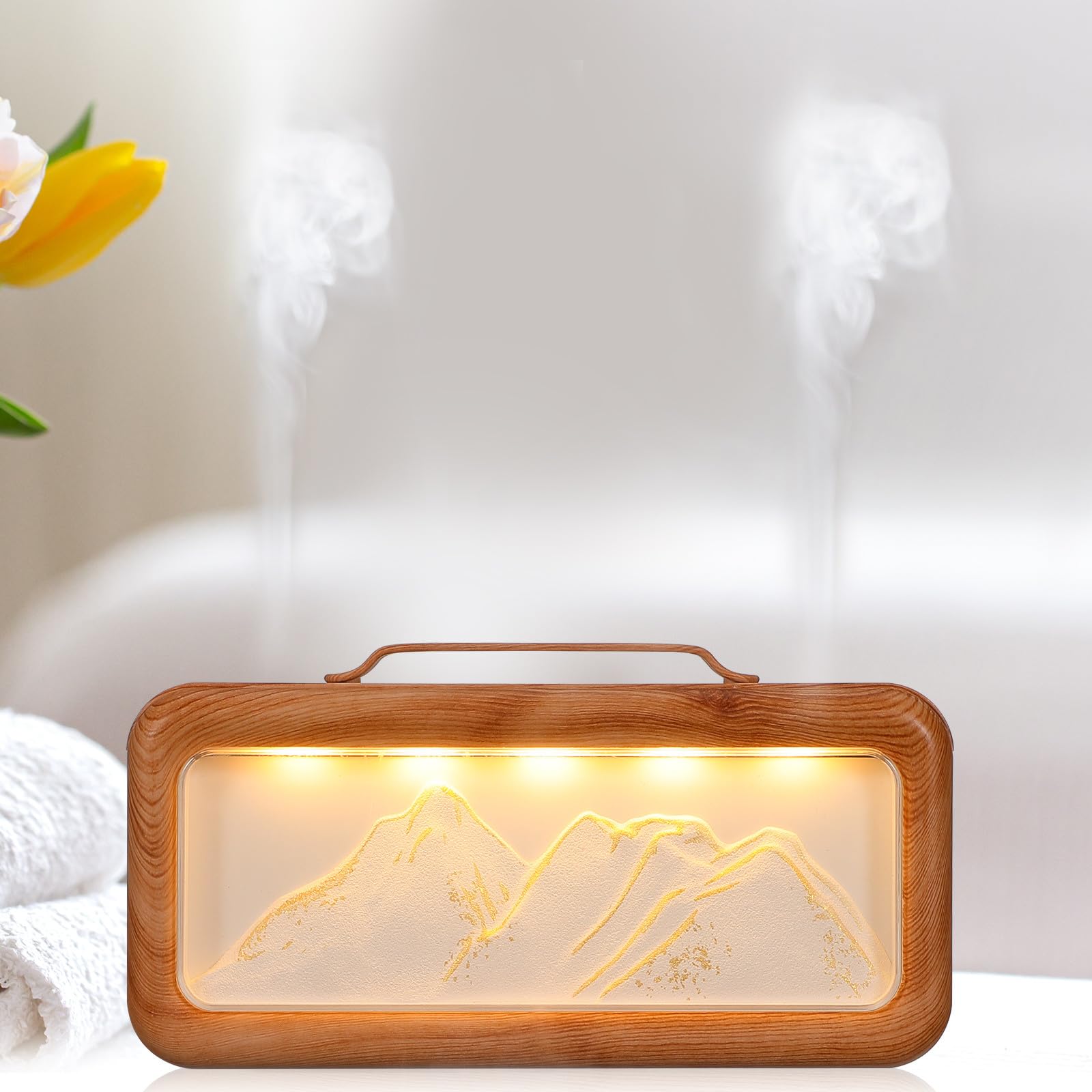 Humidificador Portátil para Dormitorio Diseño de Vetas de Madera y Escena de Montaña, Capacidad de 600 Ml, Decorativo y Silencioso para Uso Personal