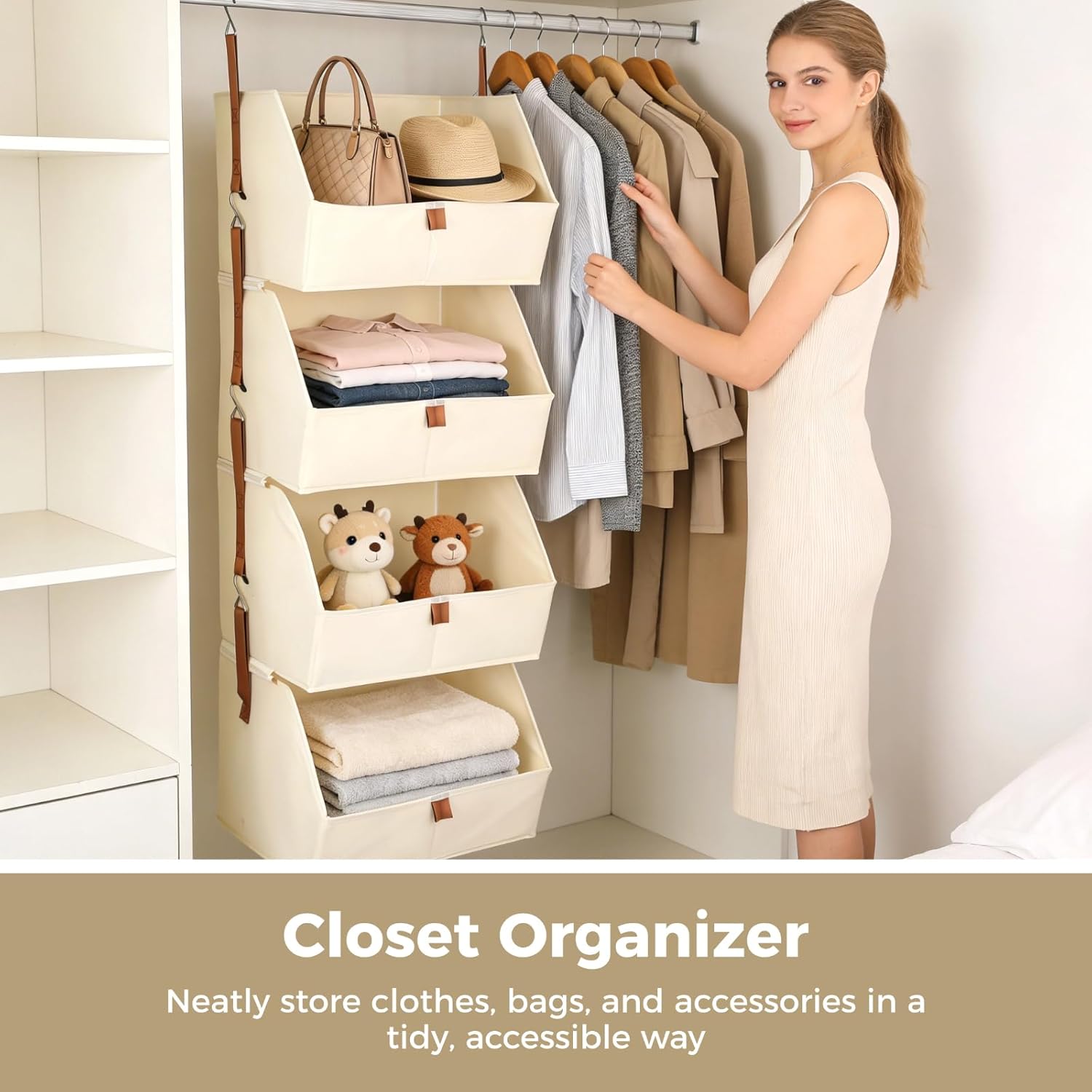 Hanging Closet Organizer, 4-Tier, Beige Polyester Fabric Closet Hanging Shelves, 47.2 X 10.2 X 12.2 in, Design for Clothes, Toys
