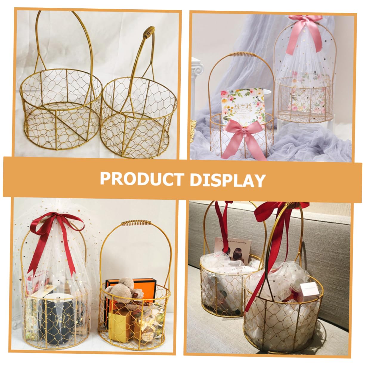 Round Iron Wire Flower Girl Basket with Handle Decorative Storage for Weddings Home Organization Cosmetics Plants and Crafts