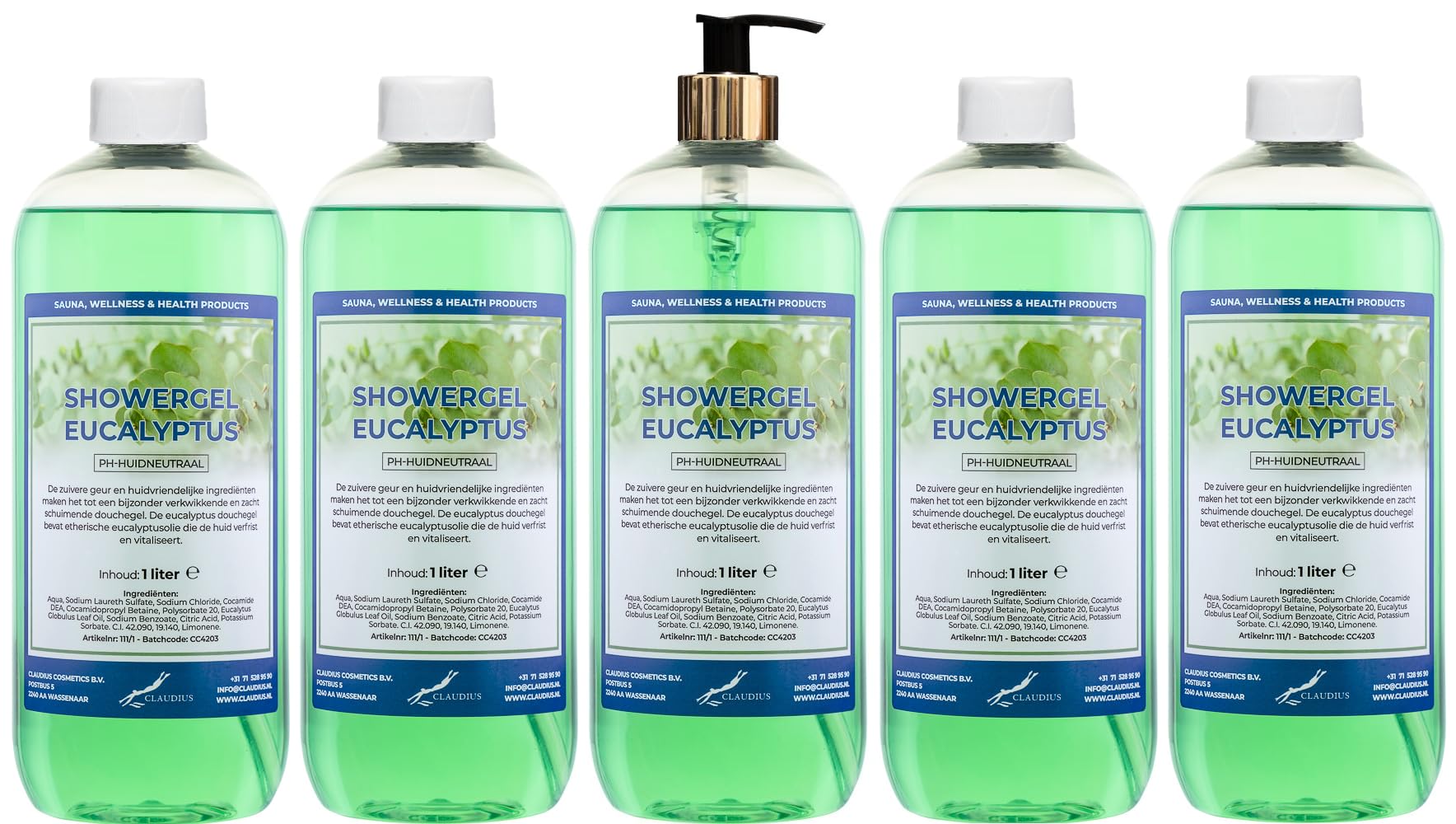 Duschgel Eukalyptus 5 x 1 Liter mit goldener Pumpe (transparent)
