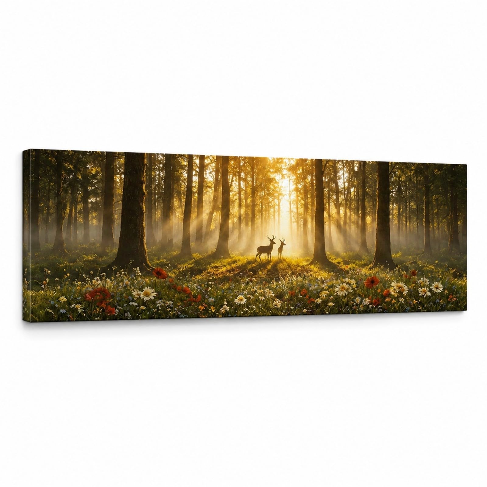 JUYIOPAX Cuadro en Lienzo Naturaleza Panorámico Bosque Ciervos Flores Sol