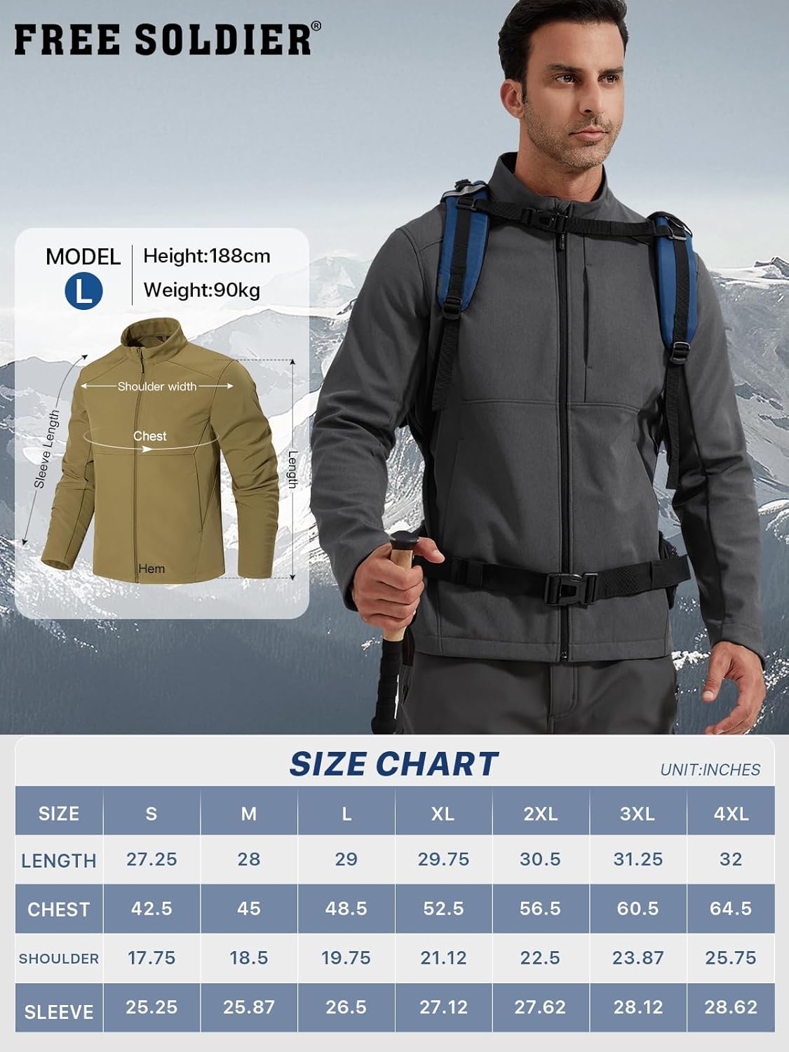 FREE SOLDIER Men's Waterproof Softshell Jacket Lightweight Fleece Lined Jacket Outdoor Hiking Windbreaker - Image 7