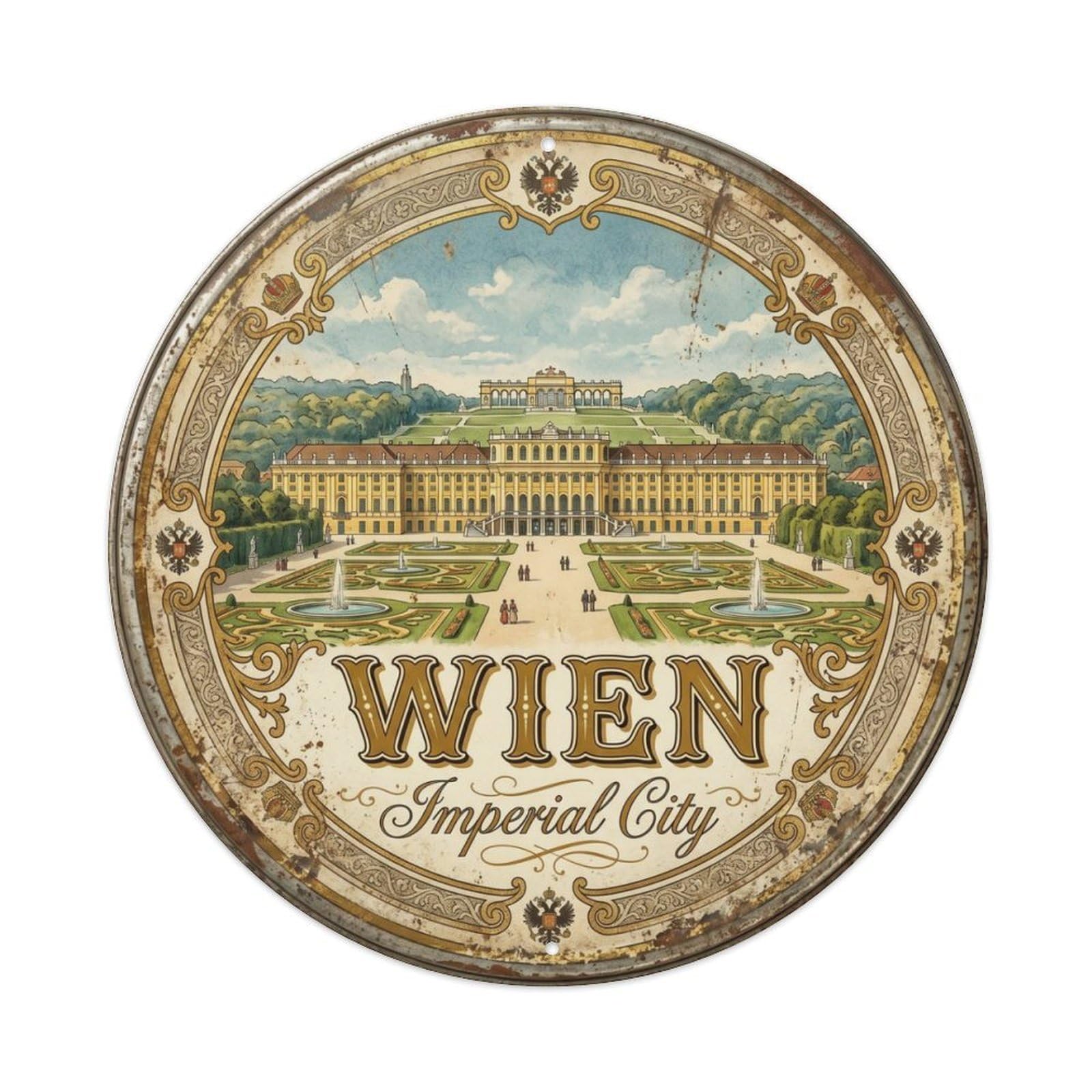 Vintage Travel Vienna Schonbrunn Palace Metal Tin Sign Plaque Wall Decor for Cafe, Club, Garden Round Metal Poster 8x8Inch