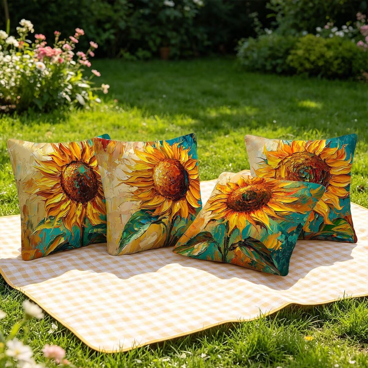 4 poszewki na poduszki na zewnątrz 80 x 80 cm, roślinne poszewki na poduszki na zewnątrz, wodoodporne, żółte, dekoracyjne, wodoodporne poszewki na poduszki, na patio, ławkę, ogród, krzesło, G-65