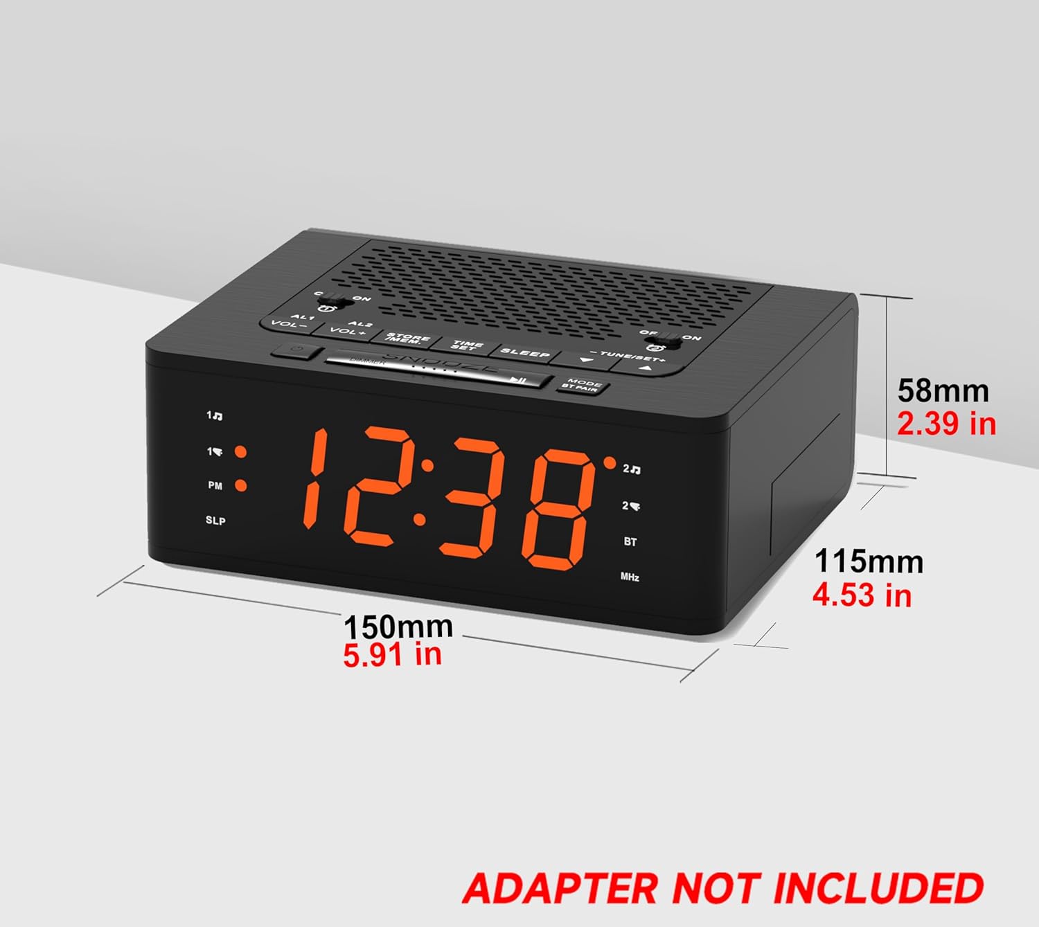 iTOMA 515 Alarm Clock dimensions and note about adapter