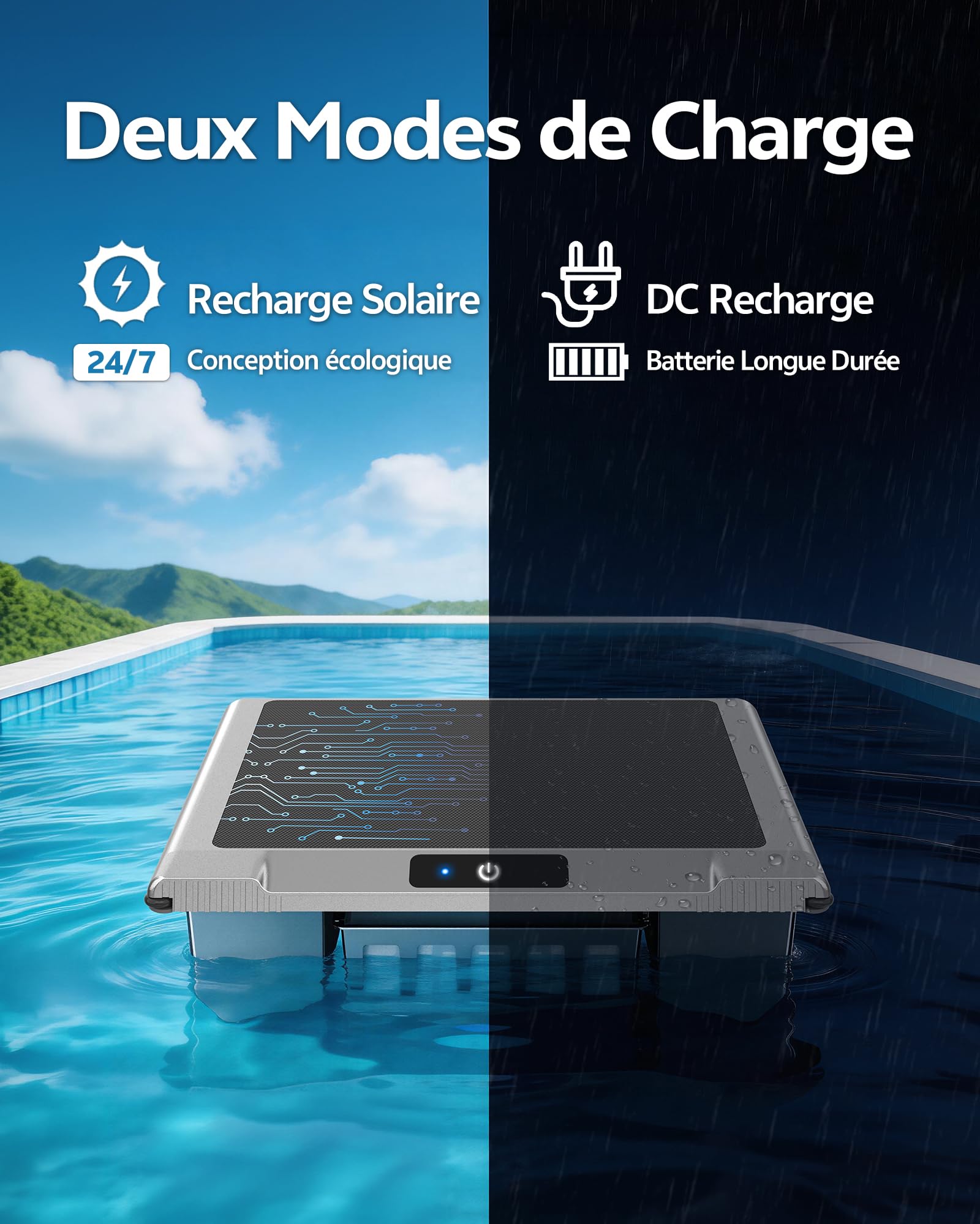 T1B Robot Nettoyeur Skimmer Solaire Robot de Surface Piscine, avec Nettoyage 24h/7, Double Modes de Recharge, Retour Automatique à la Base, adapté aux piscines Enterrées et Hors Sol (Bleu)