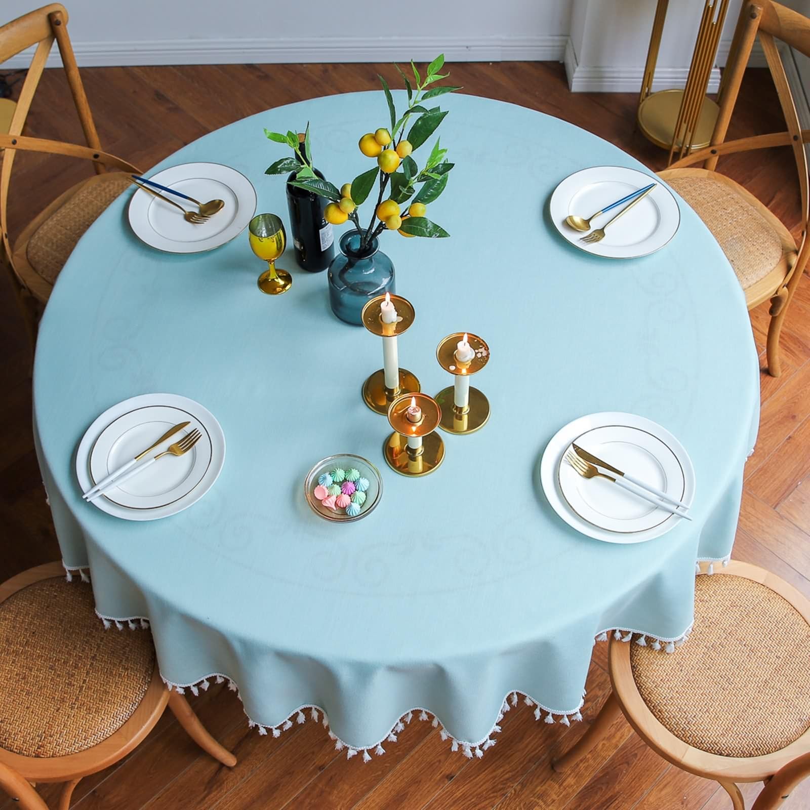 Mantel redondo de poliéster de 79 pulgadas, color sólido con borlas, mantel de tela para comedor, cocina, fiestas, verde claro