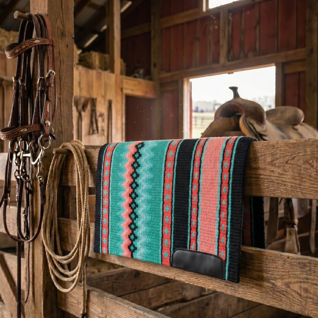 Western Show Saddle Pad/Blanket for Horses - Handmade Wool Saddle Blanket with New Zealand Design, Thick, Durable & Comfortable for Horse Riding (36” L x 38” W x 1) M06
