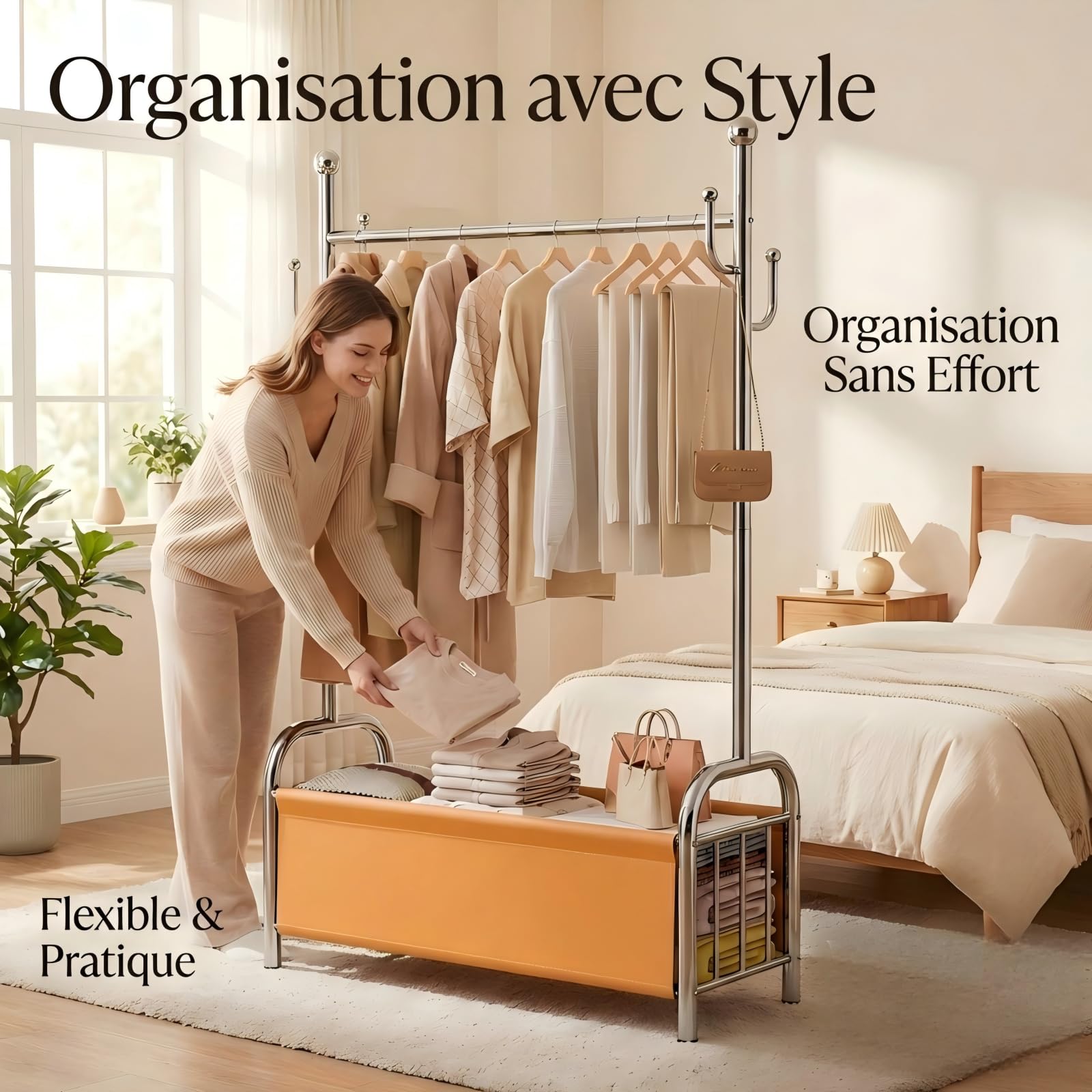 Portant à Vêtements en Acier Inoxydable avec Panier de Rangement, Penderie Solide, Tringle Robuste, Portant 3 en 1 pour Organisation des Vêtements